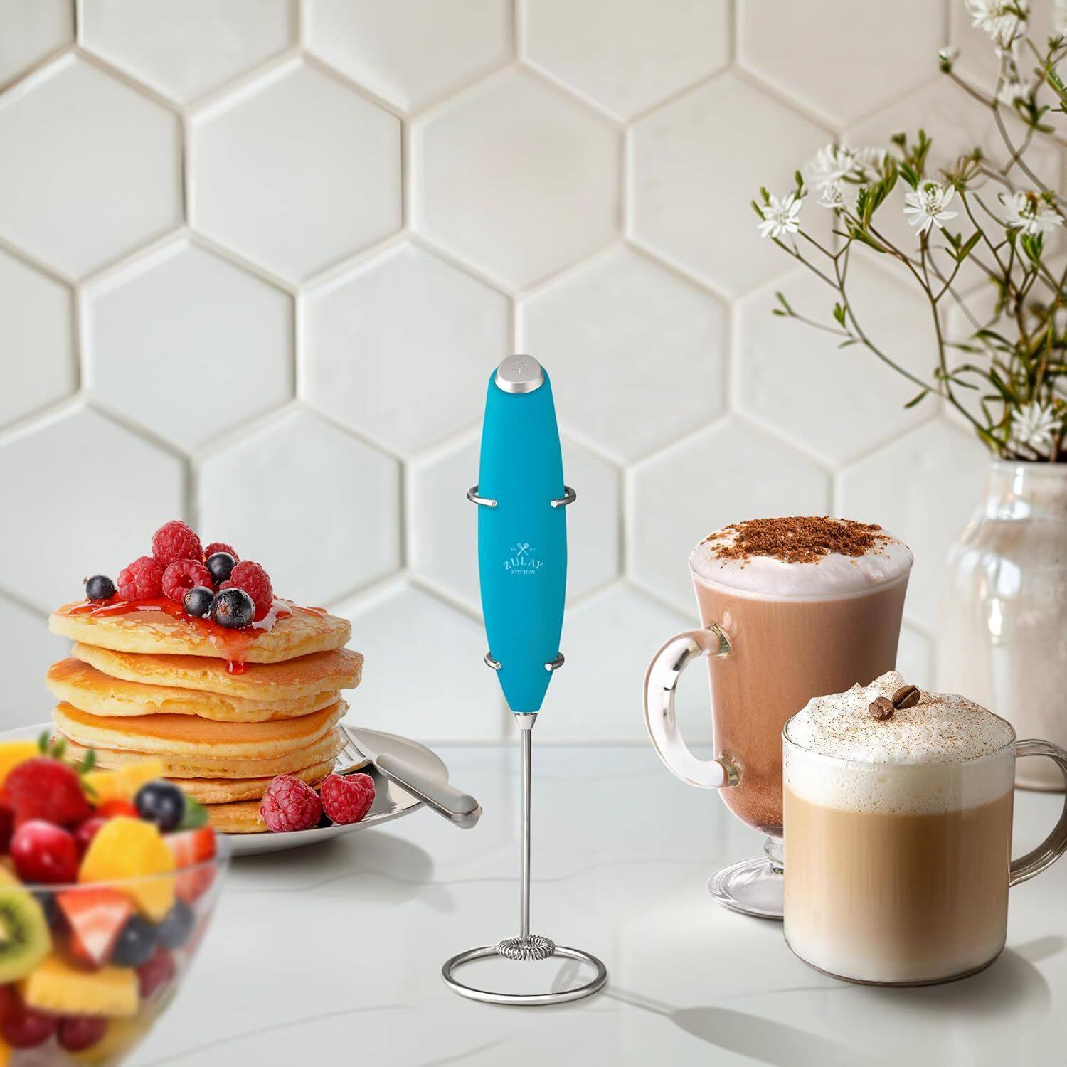 Angle. Zulay Kitchen - Zulay Kitchen Powerful Milk Frother Handheld Foam Maker for Lattes by Milk Boss - Blue Teal.