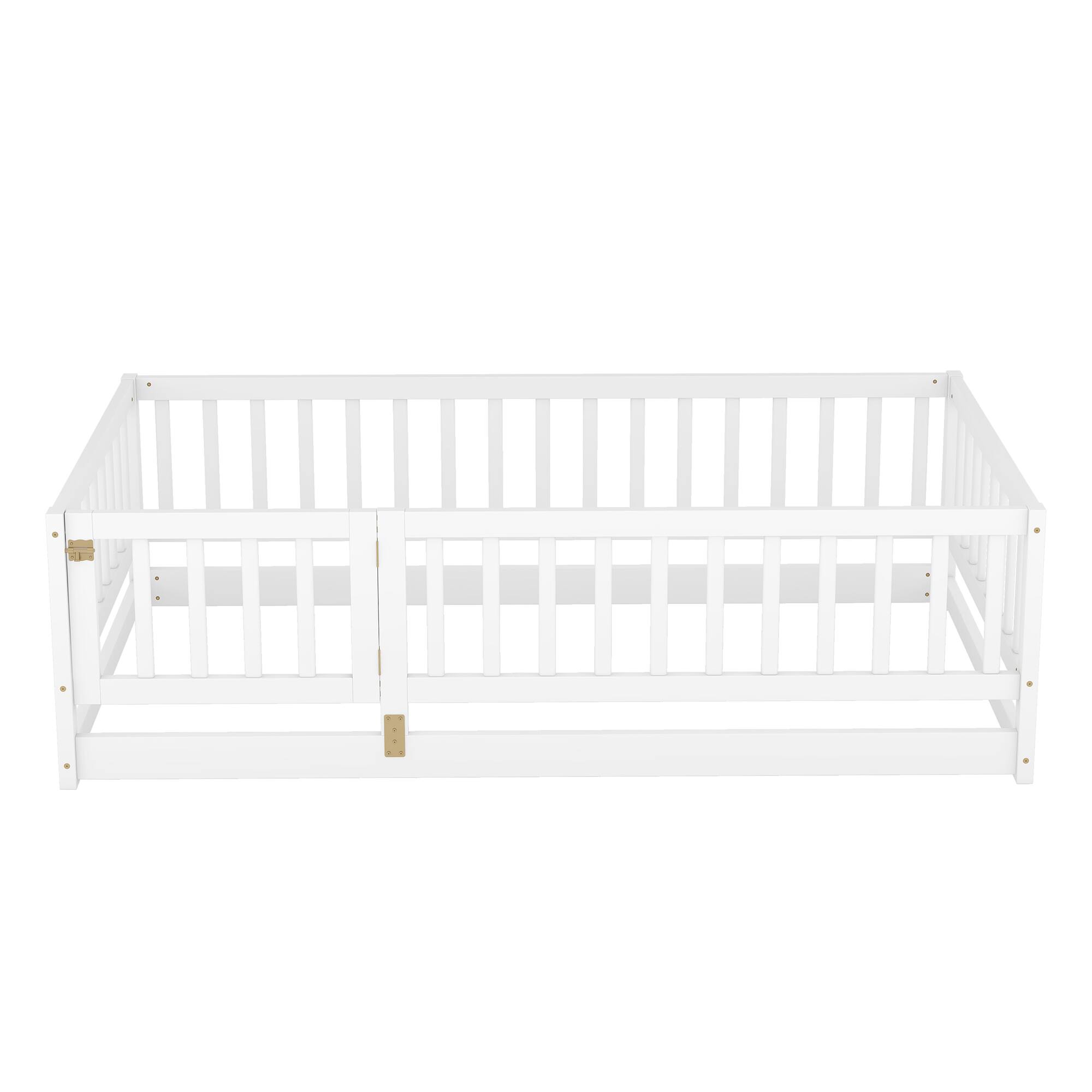 Alt View 5. GOODSILO - Twin Size Montessori Floor Bed with Fence and Door, Wood Bed Frame for Kids, Boys & Girls - White.