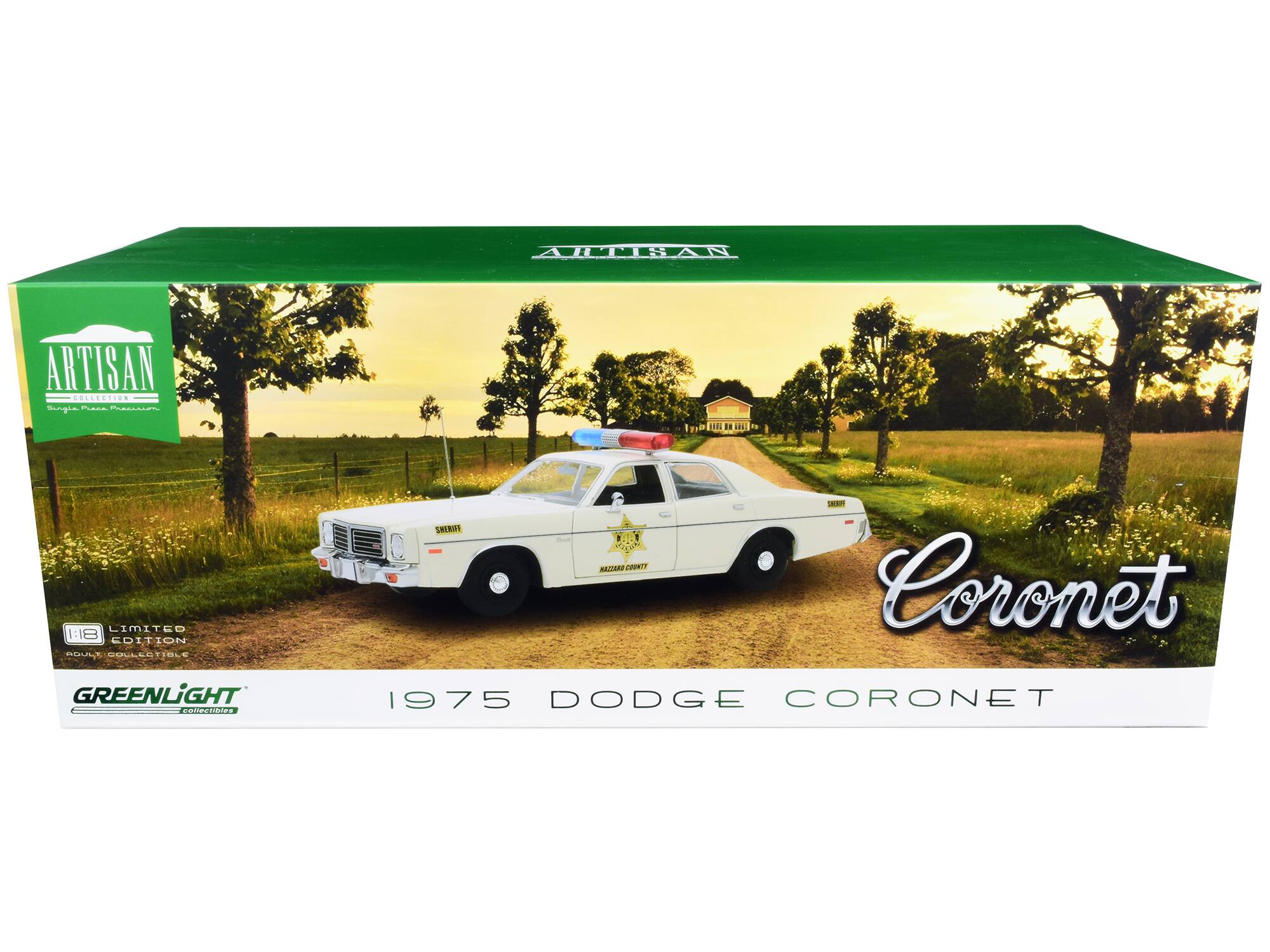 ASA ARTISAN COSSOTI.S  
Sup C-JEE d LIMITED  
18 EDITION PLT COLLES OL- GREENLiGHT collectibles  
SHANWE TRA OY Coronet 1975 DODGE CORONET  

ARTISAN  
Single Press Production  

LIMITED EDITION  
ADULT COLLECTIBLE  

GREENLiGHT collectibles  

Coronet  
1975 DODGE CORONET  

SHERIFF  
HAZARD COUNTY
