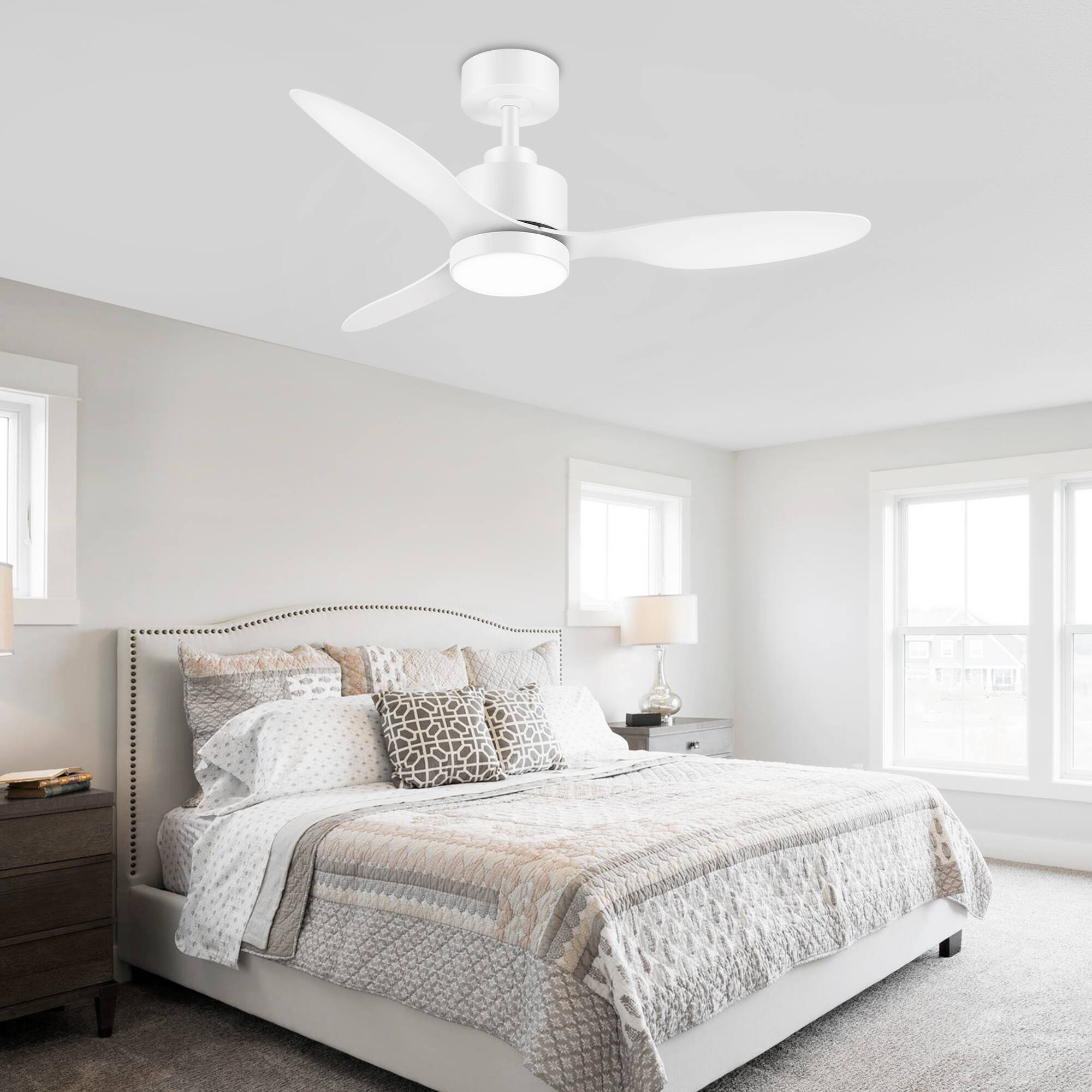 Left. Breezary - 42" Modern Indoor Ceiling Fan, 3 ABS Blades, 6-Speed DC Motor, Remote Control, Timer, 5'' Downrod, Light/No Light Option - Matte White (With Light).