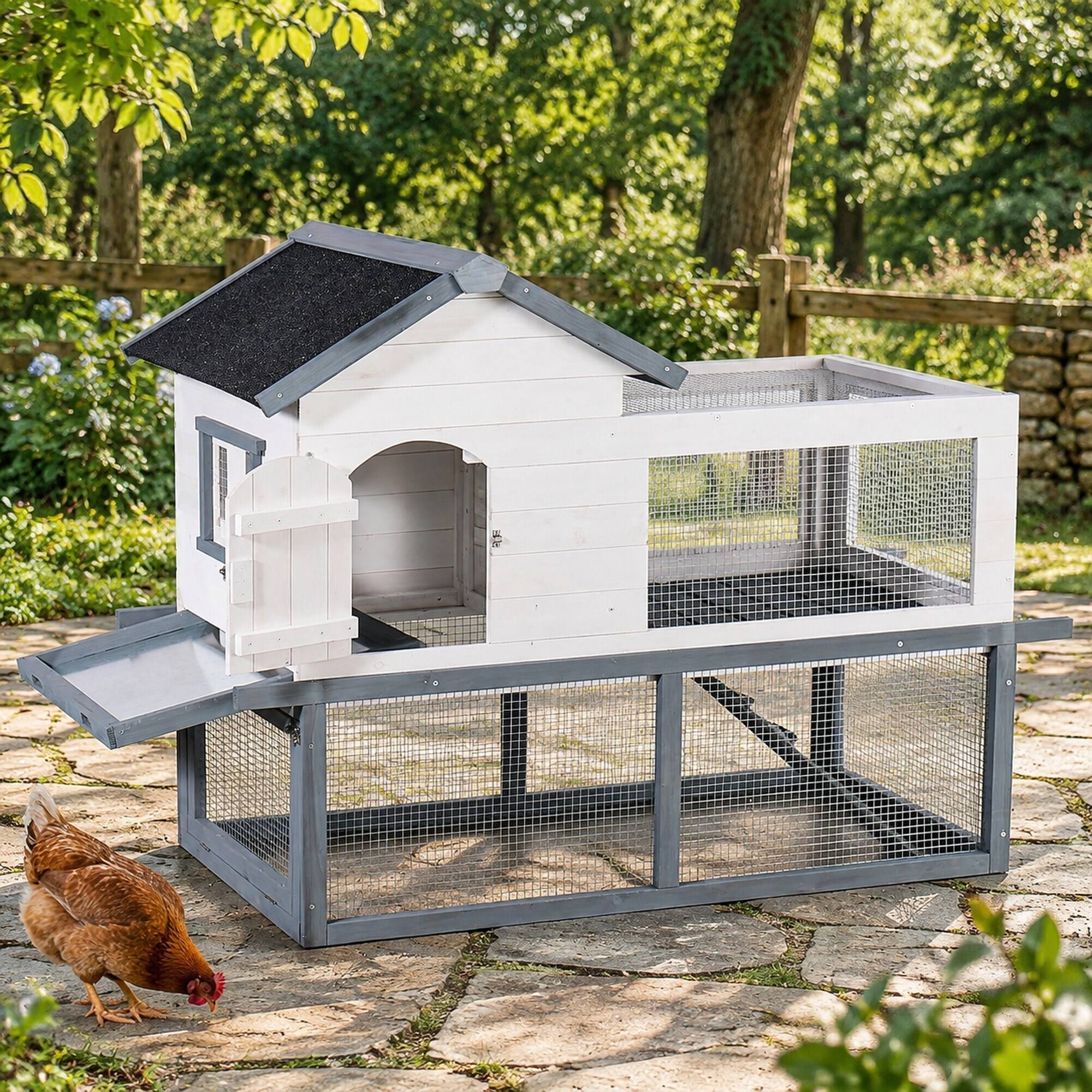 Angle. RYHNUYNE - 53 in Wooden Chicken Coop and Rabbit Hutch, Double-Tier Indoor Outdoor Pet House, Asphalt Roof, Fir Wood.