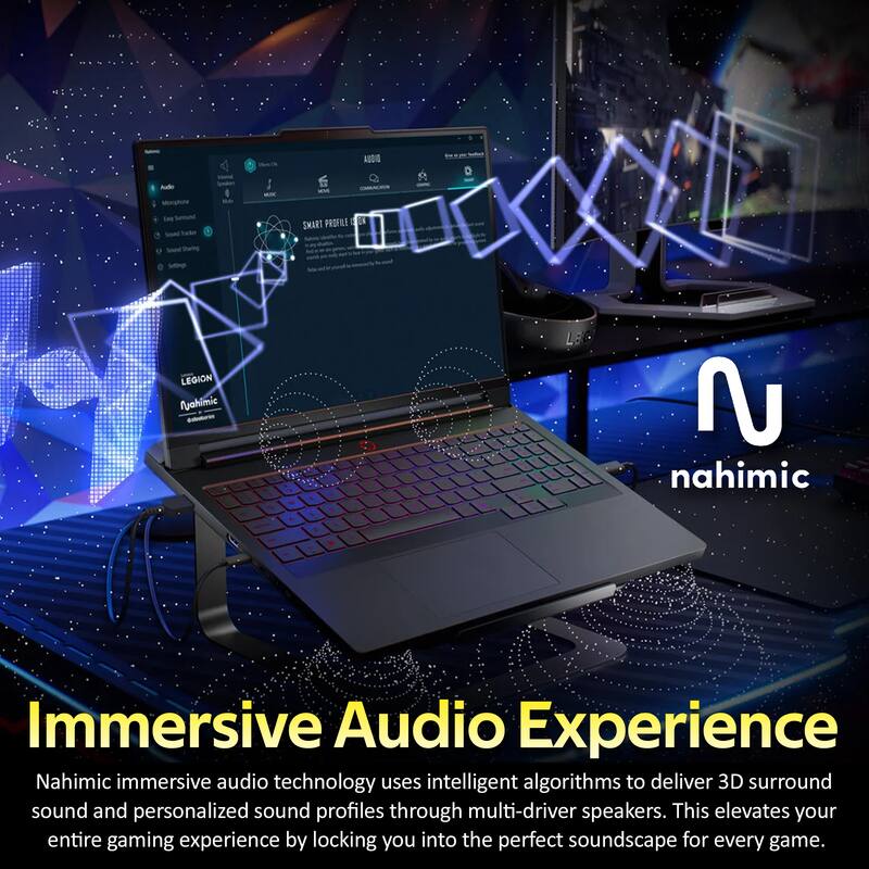 Nahimic immersive audio technology uses intelligent algorithms to deliver 3D surround sound and personalized sound profiles through multi-driver speakers. This elevates your entire gaming experience by locking you into the perfect soundscape for every game.