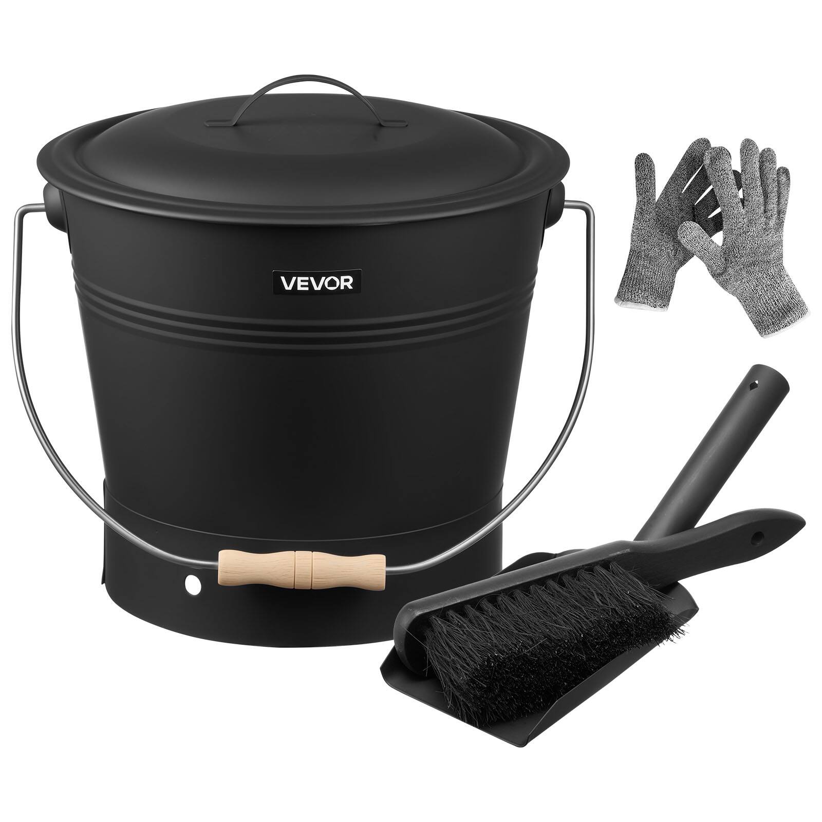 Front. VEVOR - Ash Bucket, 4 PCS with Lid, Shovel, Broom and Gloves, Metal Fireplace Charcoal Bucket and Ash Can, 2.6GAL Large Capacity - Black.