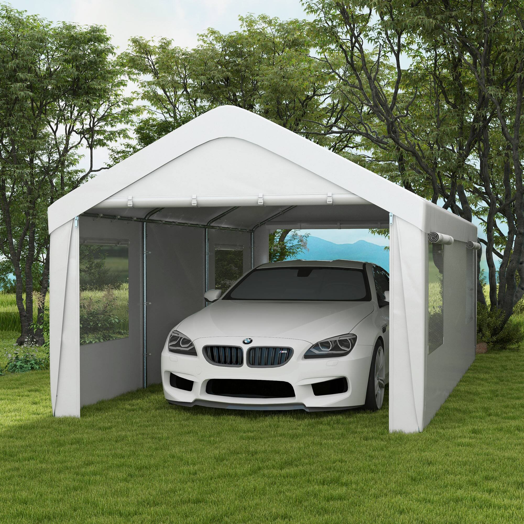 Alt View 1. Outsunny - Carport 10' x 20' Portable Garage, Heavy Duty Car Port Canopy with 2 Roll-up Doors & 4 Ventilated Windows - White.