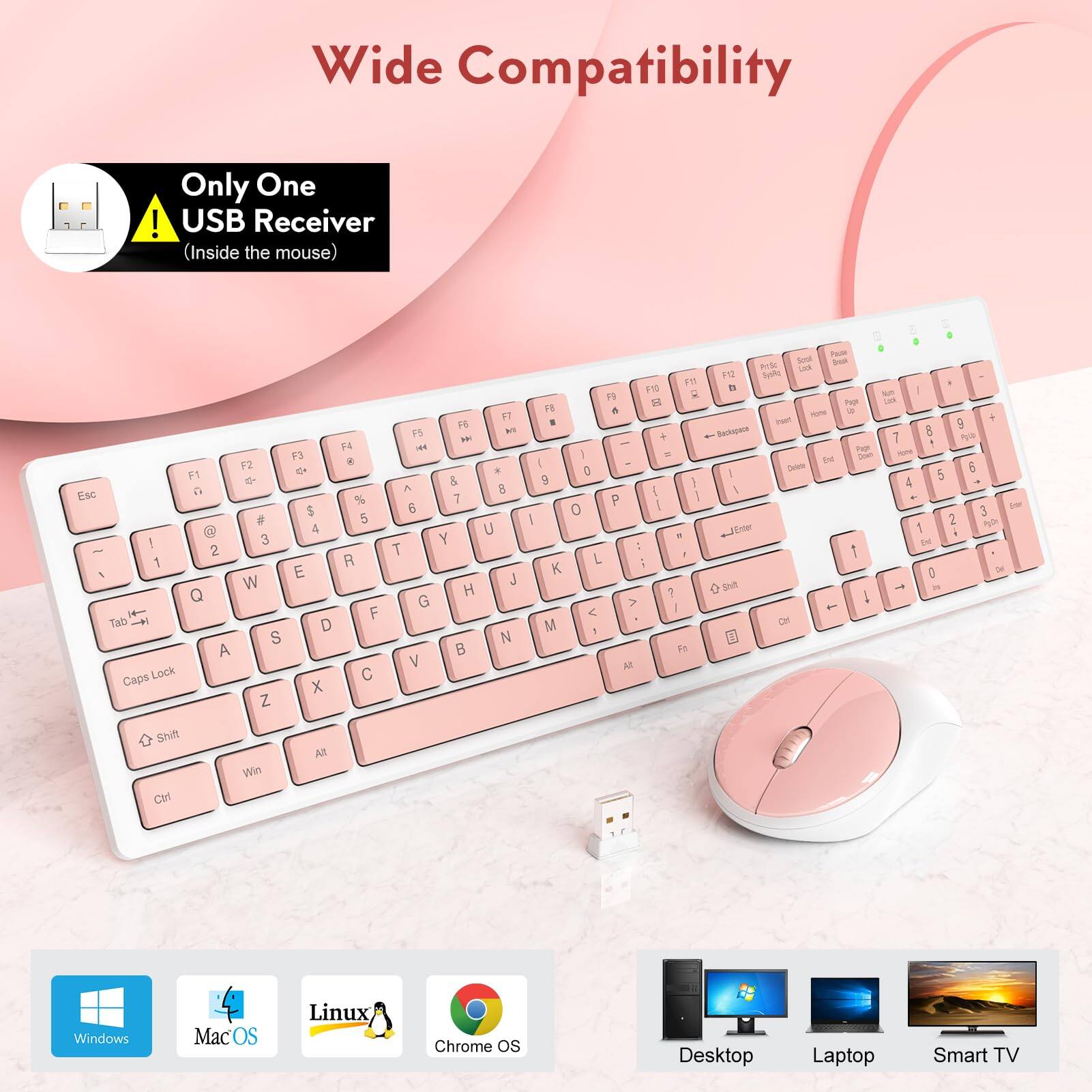 Wide Compatibility

Only One USB Receiver (Inside the mouse)

Windows Mac OS Linux Chrome OS Desktop Laptop Smart TV