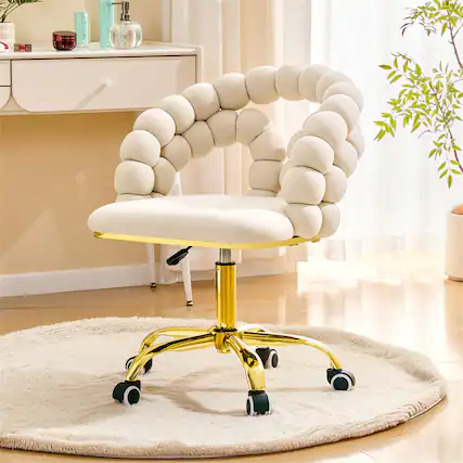 Front. HTUTWOO - Velvet Swivel Desk Chair -Bubble Back,Upholstered Vanity Chair with Gold Metal Base,Rolling Office Chair for Home Office - Beige.