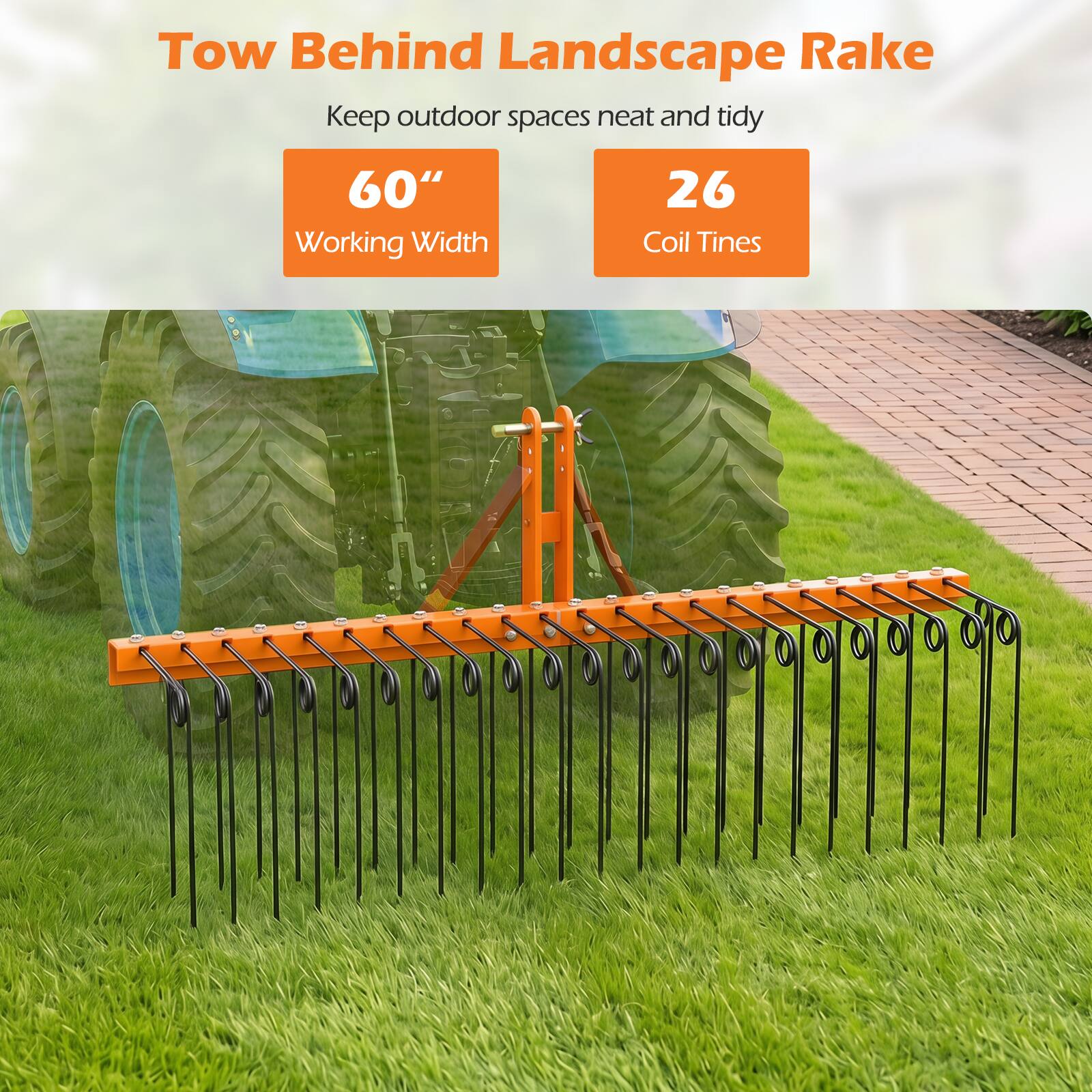 Tow Behind Landscape Rake  
Keep outdoor spaces neat and tidy  
60" Working Width  
26 Coil Tines