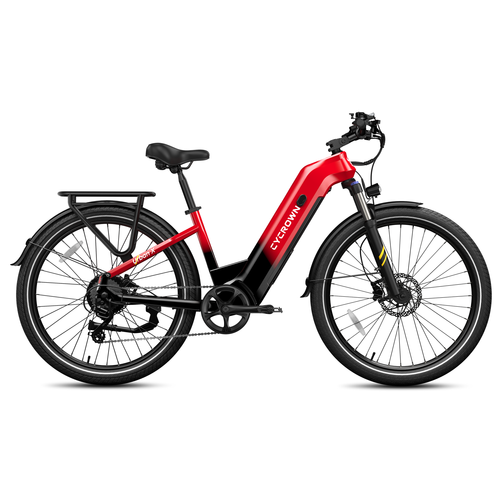 Left. CYCROWN - Urban X Commuter Ebike(1000W Motor , 20MPH Top Speed , 90Miles Range , 48V 20Ah Battery) - Volcanic Red.