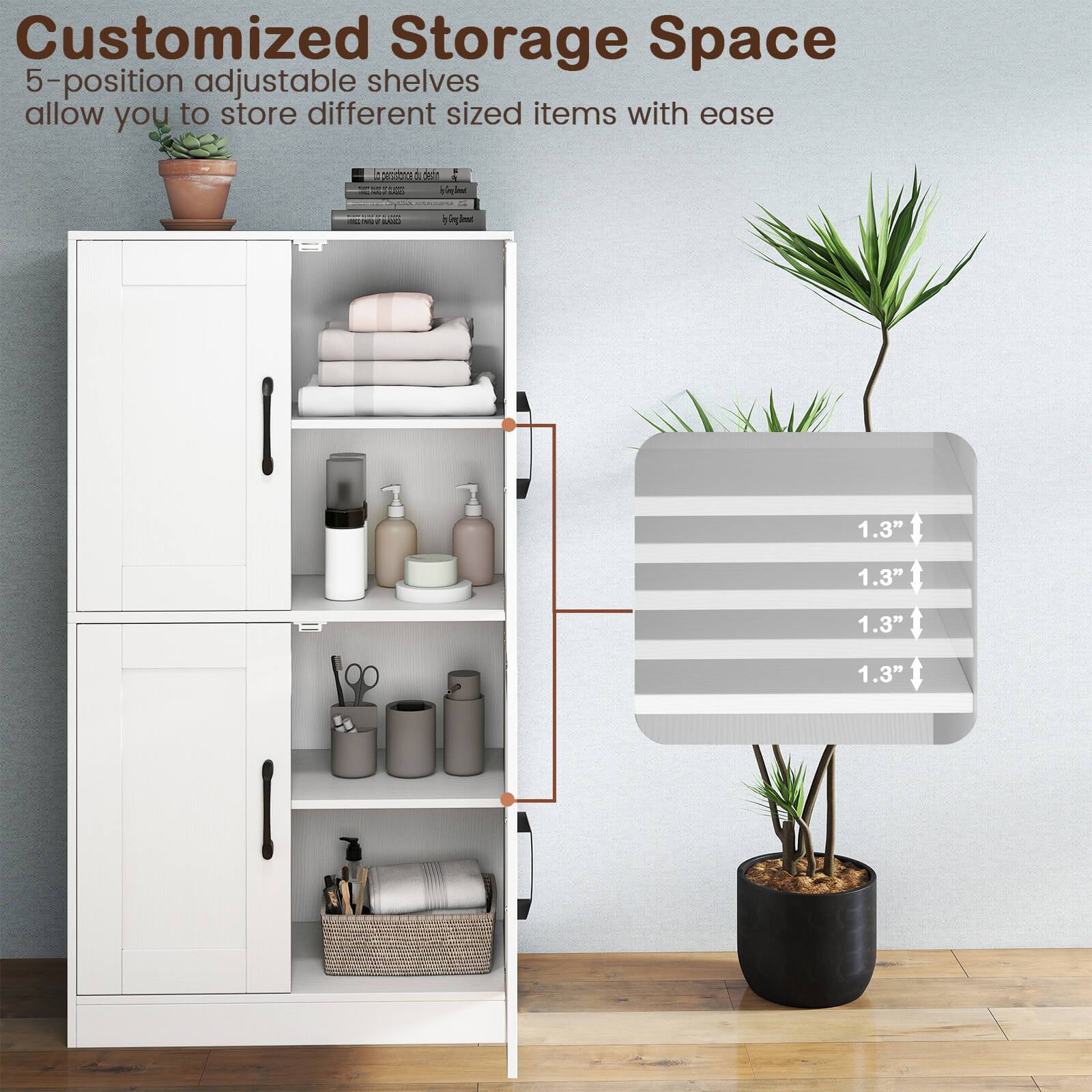 Customized Storage Space

5-position adjustable shelves allow you to store different sized items with ease

1.3"  
1.3"  
1.3"  
1.3"