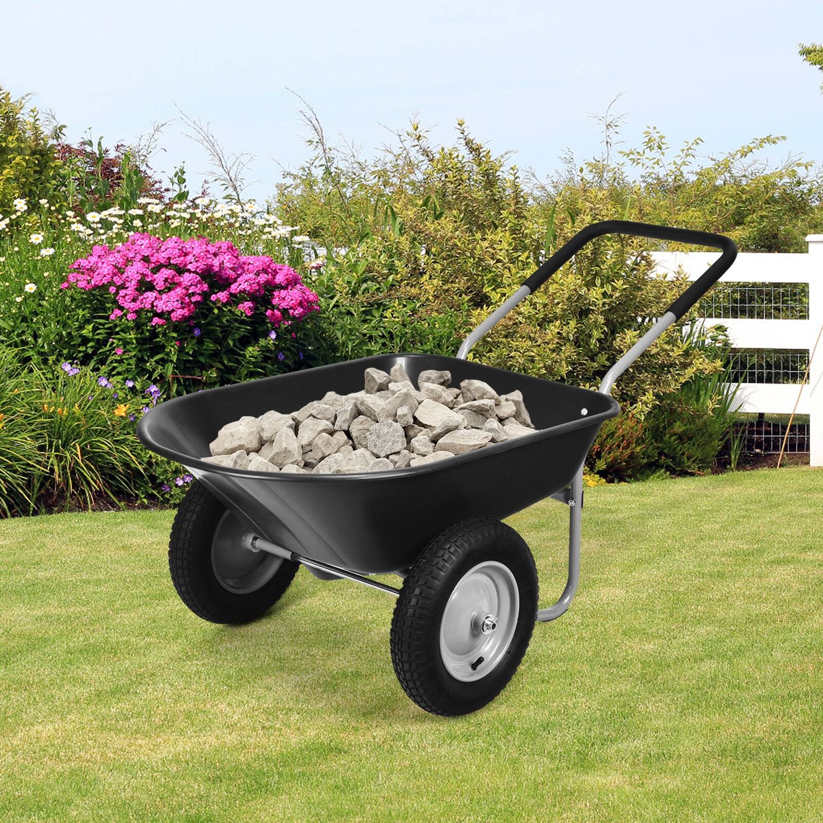 Alt View 5. SKONYON - Two Tire Wheelbarrow with Heavy Duty Steel Frame and Large Capacity Garden Hauling Design - Black.
