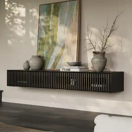 Front. POVISON - 79" Black Floating TV Stand, Modern Minimalist, Four Drawers, Fully-Assembled - Black.