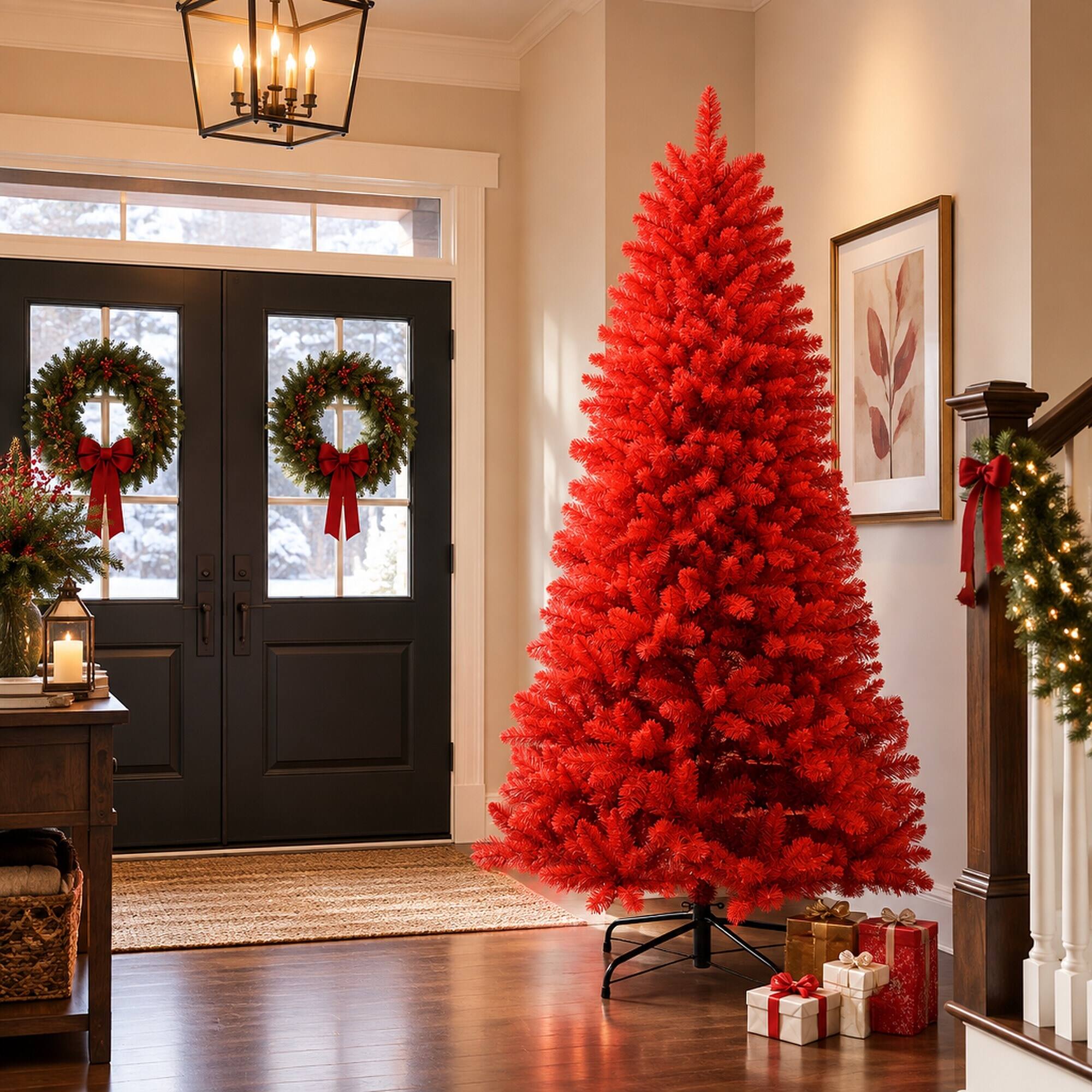 Alt View 2. RYHNUYNE - 6 Ft Pure Red Artificial Christmas Tree With 804 Dense Tips, Hinged Branches Stable Metal Stand For Holiday Decor - Red.