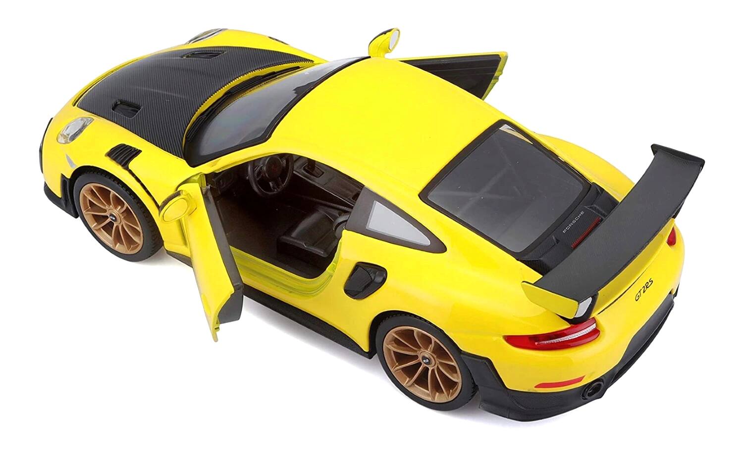 Left. Maisto - Porsche 911 GT2 RS Yellow with Carbon Hood and Gold Wheels "Special Edition" 1/24 Diecast Model Car by Maisto - Yellow with Carbon.