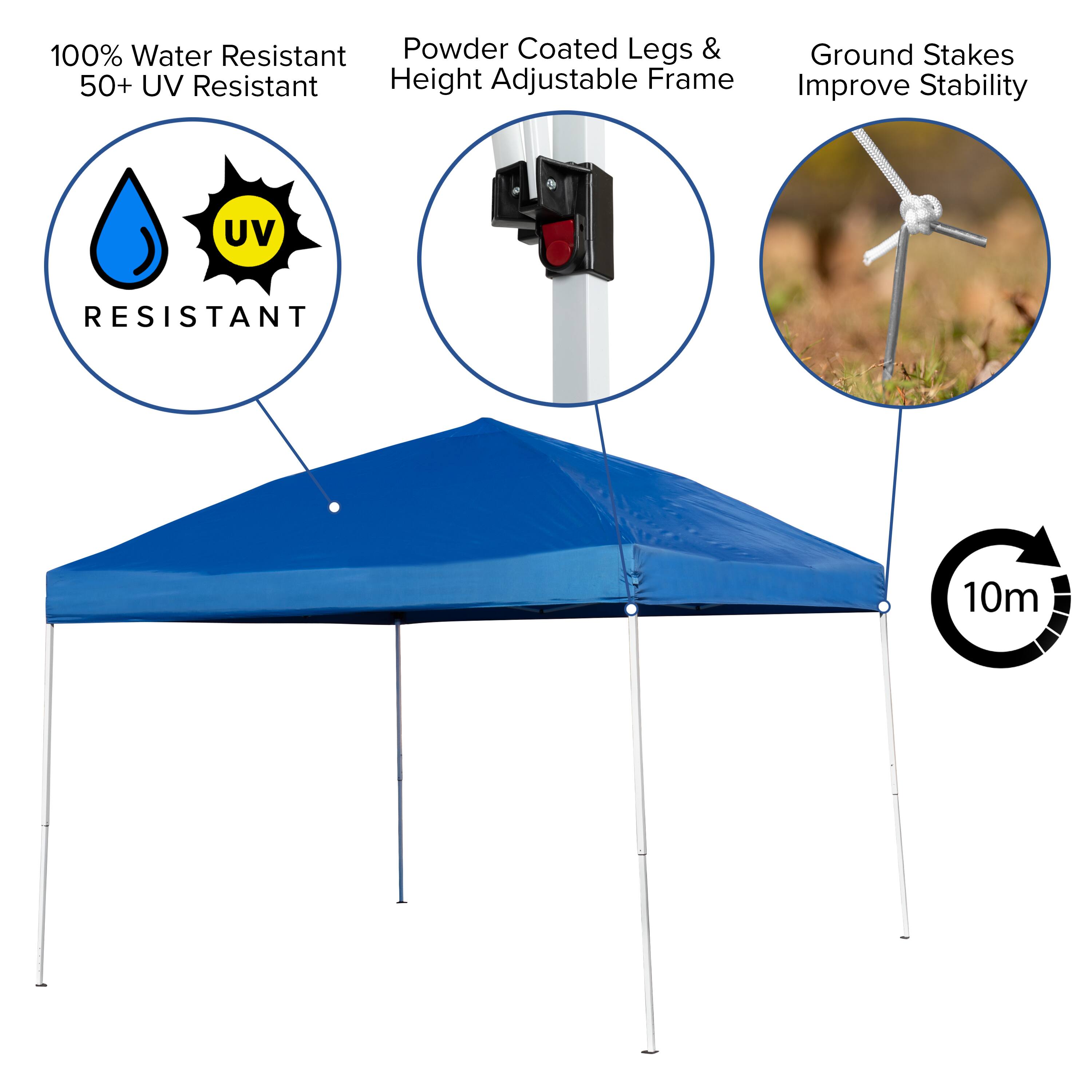 100% Water Resistant 50+ UV Resistant

Powder Coated Legs & Height Adjustable Frame

Ground Stakes Improve Stability

10m