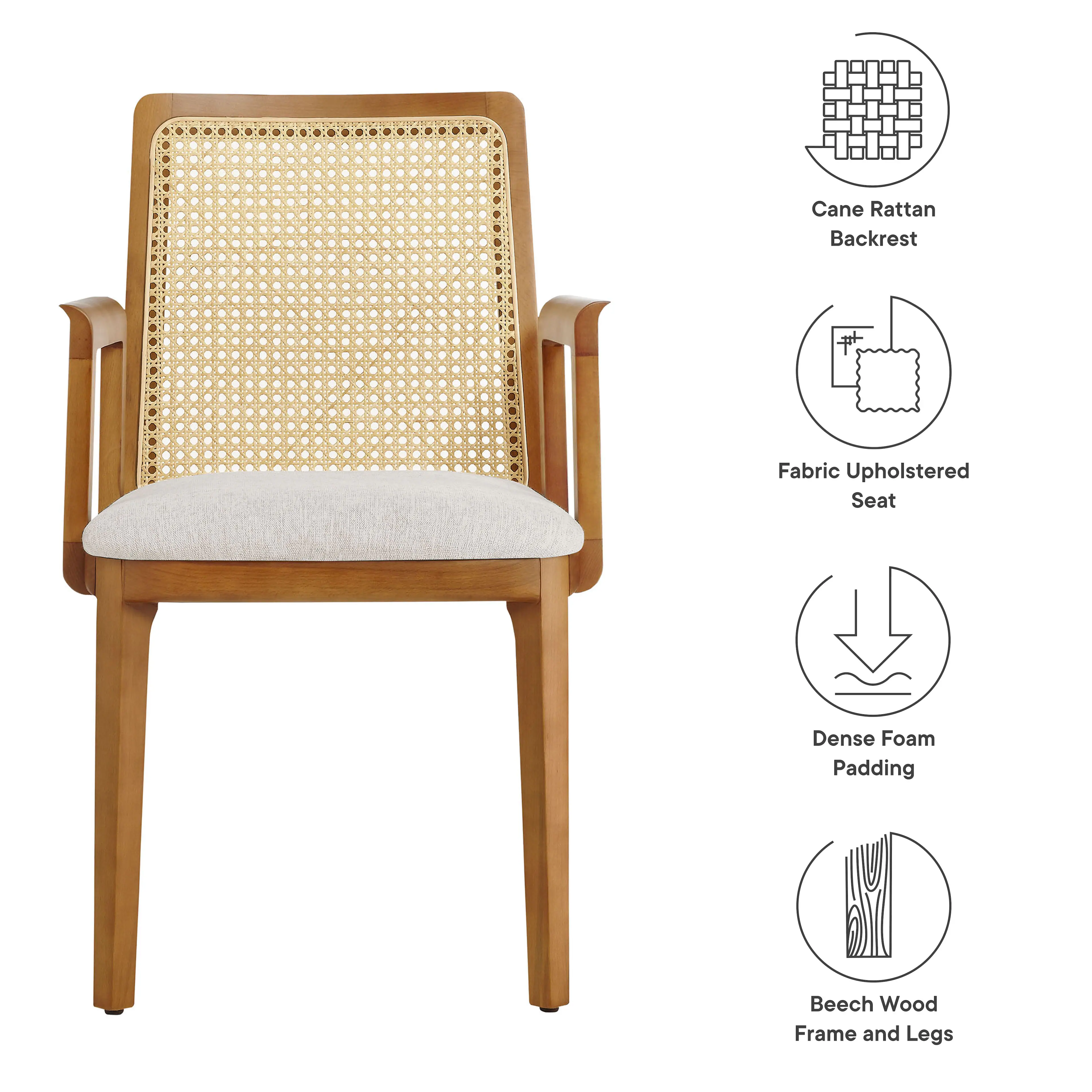 Cane Rattan Backrest  
Fabric Upholstered Seat  
Dense Foam Padding  
Beech Wood Frame and Legs
