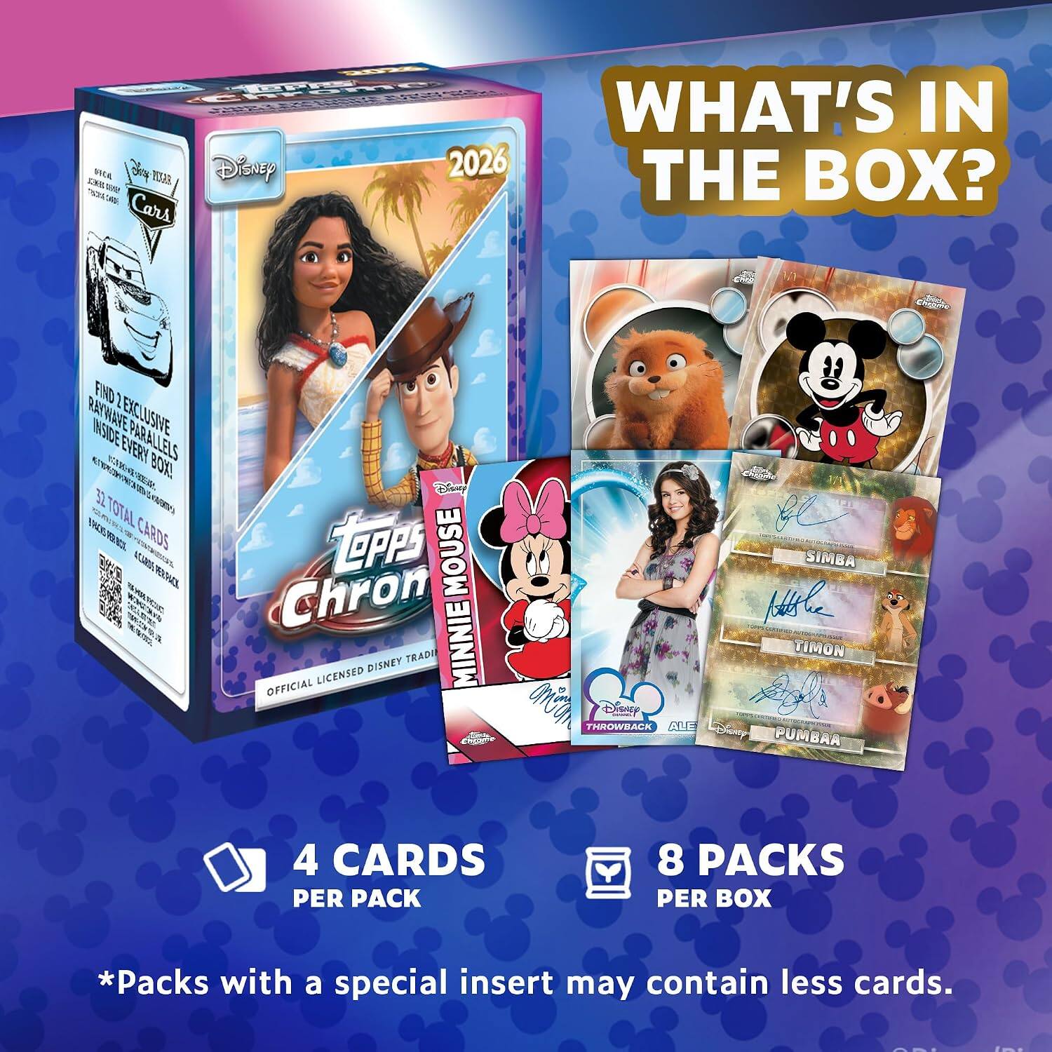 CarOME EPP PICE XR Disney 2026 em

WHAT'S IN THE BOX?

FIND 2 RAINBOW EXCLUSIVE INSIDE PARALLELS EVERY BOX!

32 TOTAL CARDS

OFFICIAL LICENSED DISNEY TRADITION

MINNIE MOUSE

SIMBA

TIMON

PUMBAA

4 CARDS PER PACK

8 PACKS PER BOX

*Packs with a special insert may contain less cards.