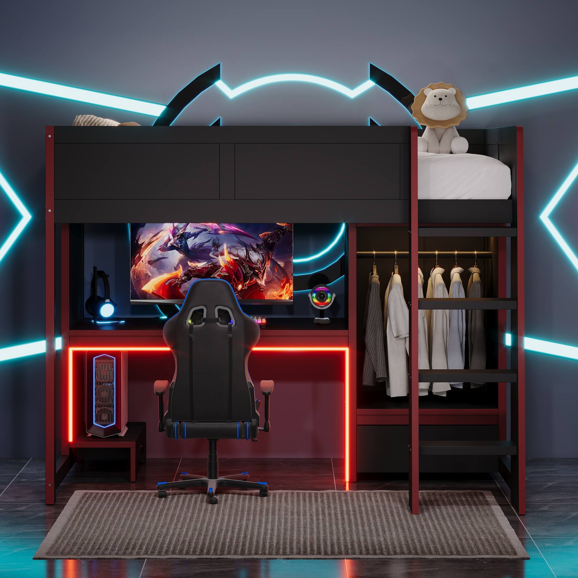 Angle. Anysun - Twin Size Gaming Loft Bed with Built-in Desk, Wardrobe, Drawer & LED, Space-Saving Wood Bed for Kids Bedroom - Black.