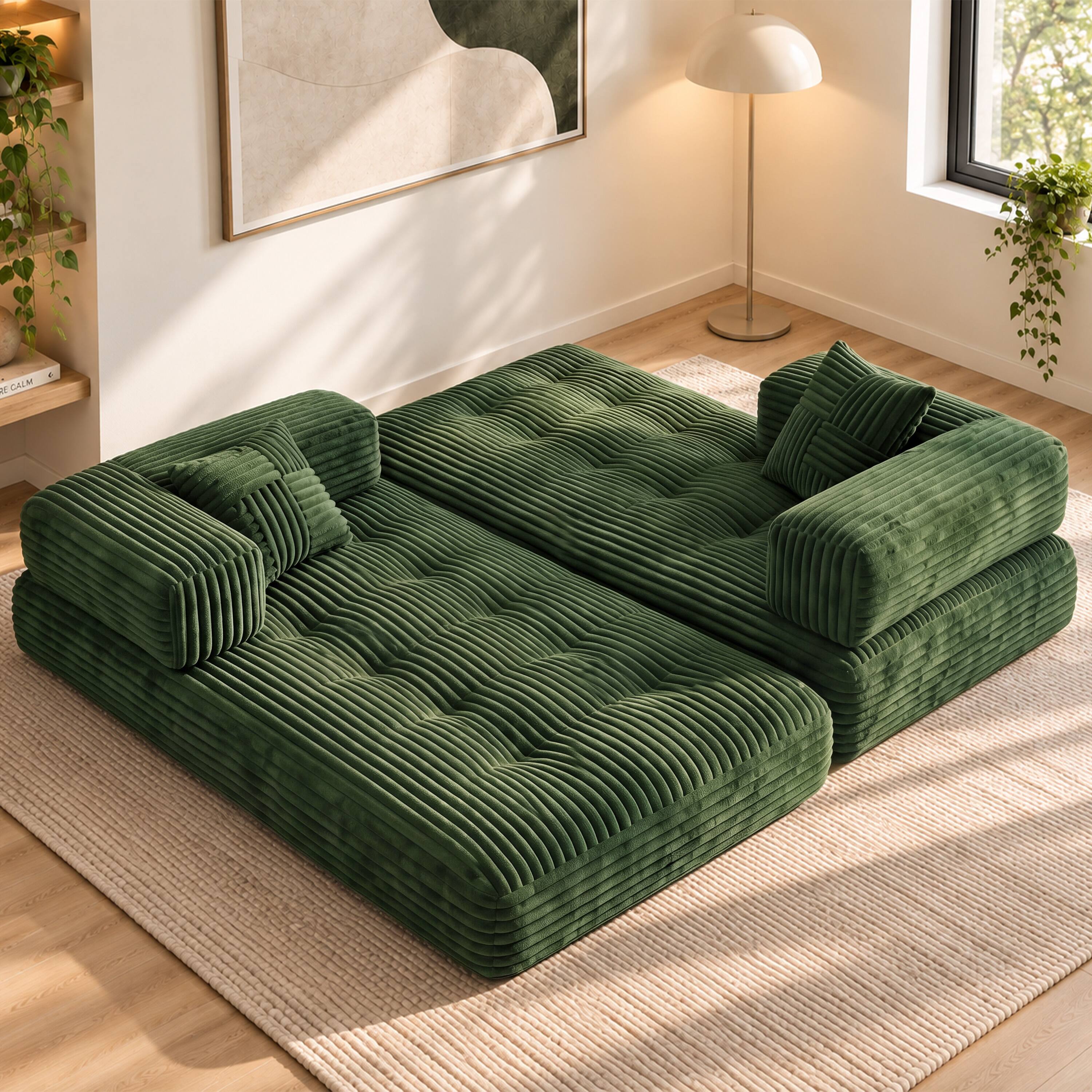 Angle. Vipbear - 78.7" Folding Boneless Couch with Fixed-Shape Frame, Corduroy Floor Sofa Loveseat Sleeper - Green.