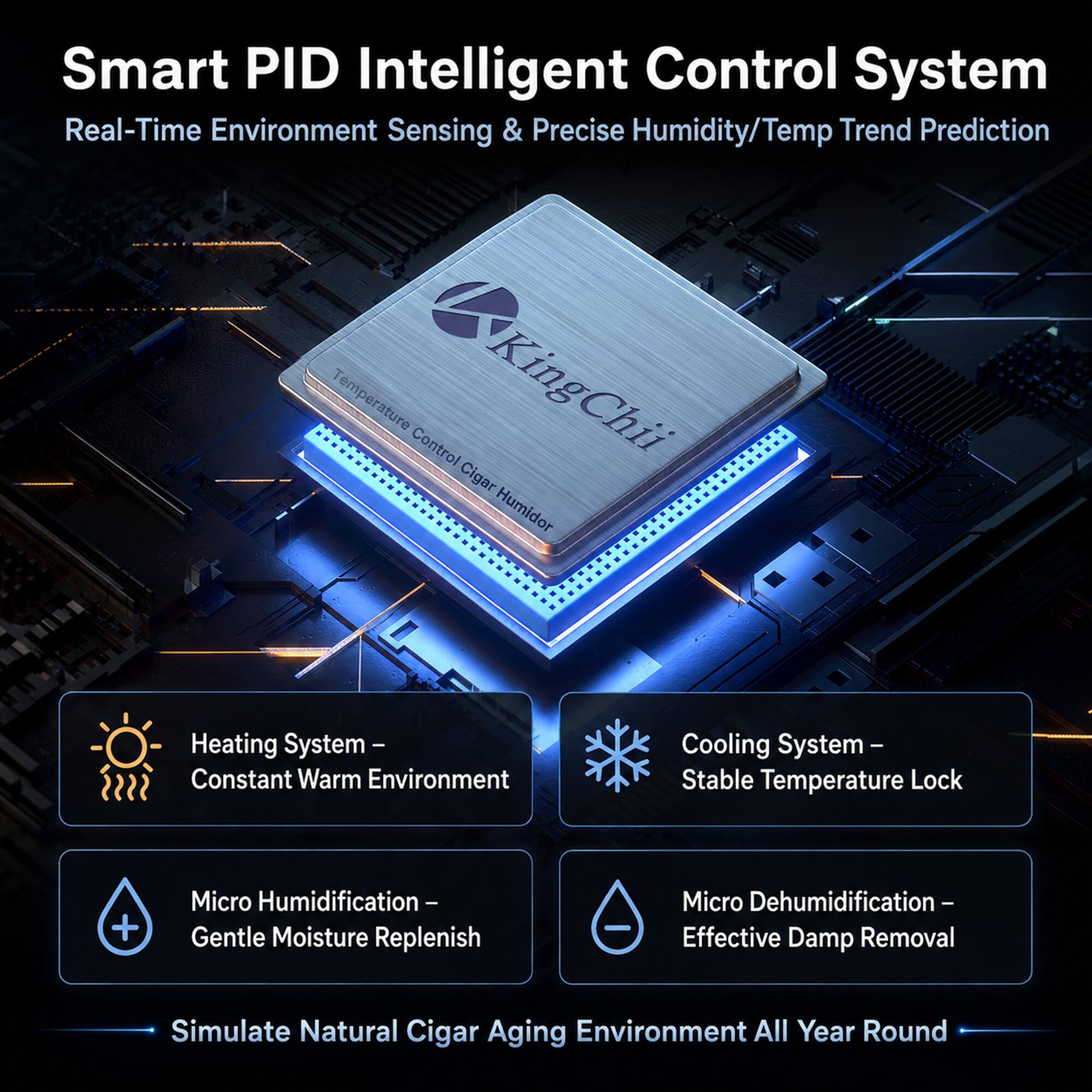 Smart PID Intelligent Control System  
Real-Time Environment Sensing & Precise Humidity/Temp Trend Prediction  

Temperature Control Cigar KingChii Humidor  

Heating System - Constant Warm Environment  
Cooling System - Stable Temperature Lock  

Micro Humidification - Gentle Moisture Replenish  
Micro Dehumidification - Effective Damp Removal  

Simulate Natural Cigar Aging Environment All Year Round