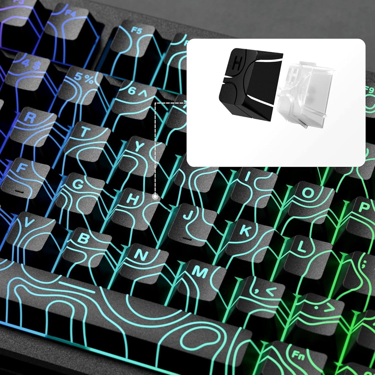 Left. Womier - Womier PBT Keycaps,Topographic Shine Through Cherry Profile Keycap for All US Layout Mechanical Keyboard - Black.