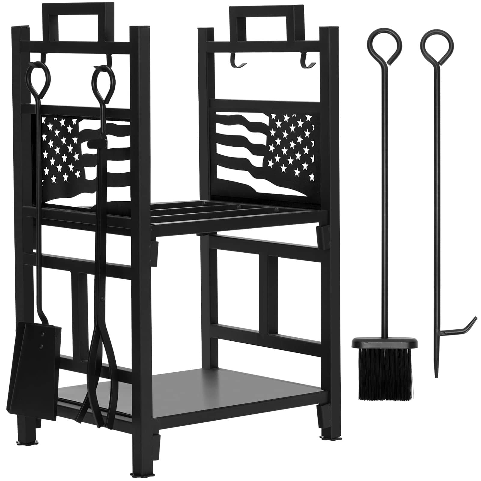 JETRANSPORT - Firewood Rack Fireplce Firepit Tools Set Double Layer Iron Wood Log Holder For Fire Place Outdoor Indoor - Large Flag