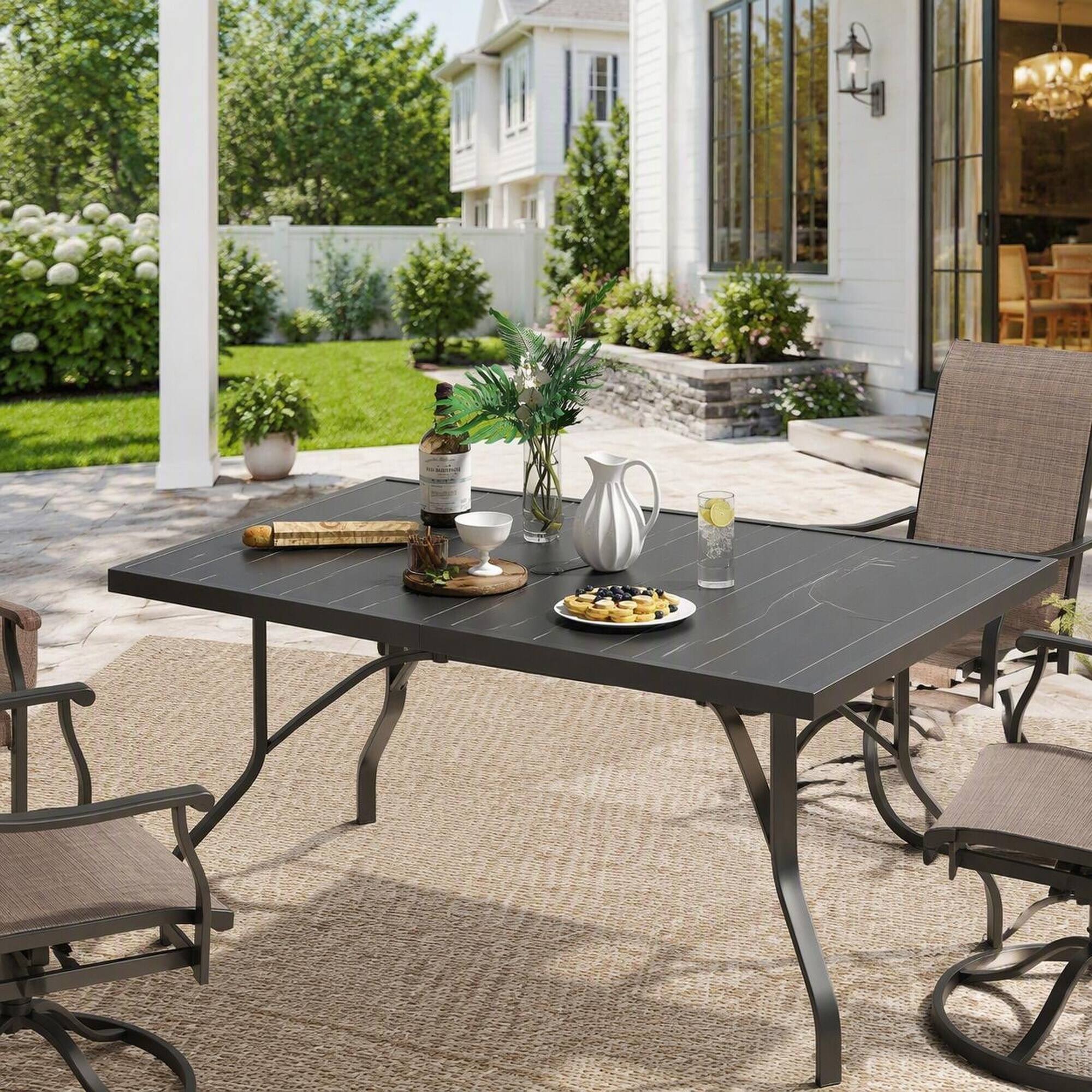 Back. RYHNUYNE - 60" Rectangle Outdoor Patio Dining Table,Metal Outdoor Table With Umbrella Hole for Garden Backyard Poolside - Black.