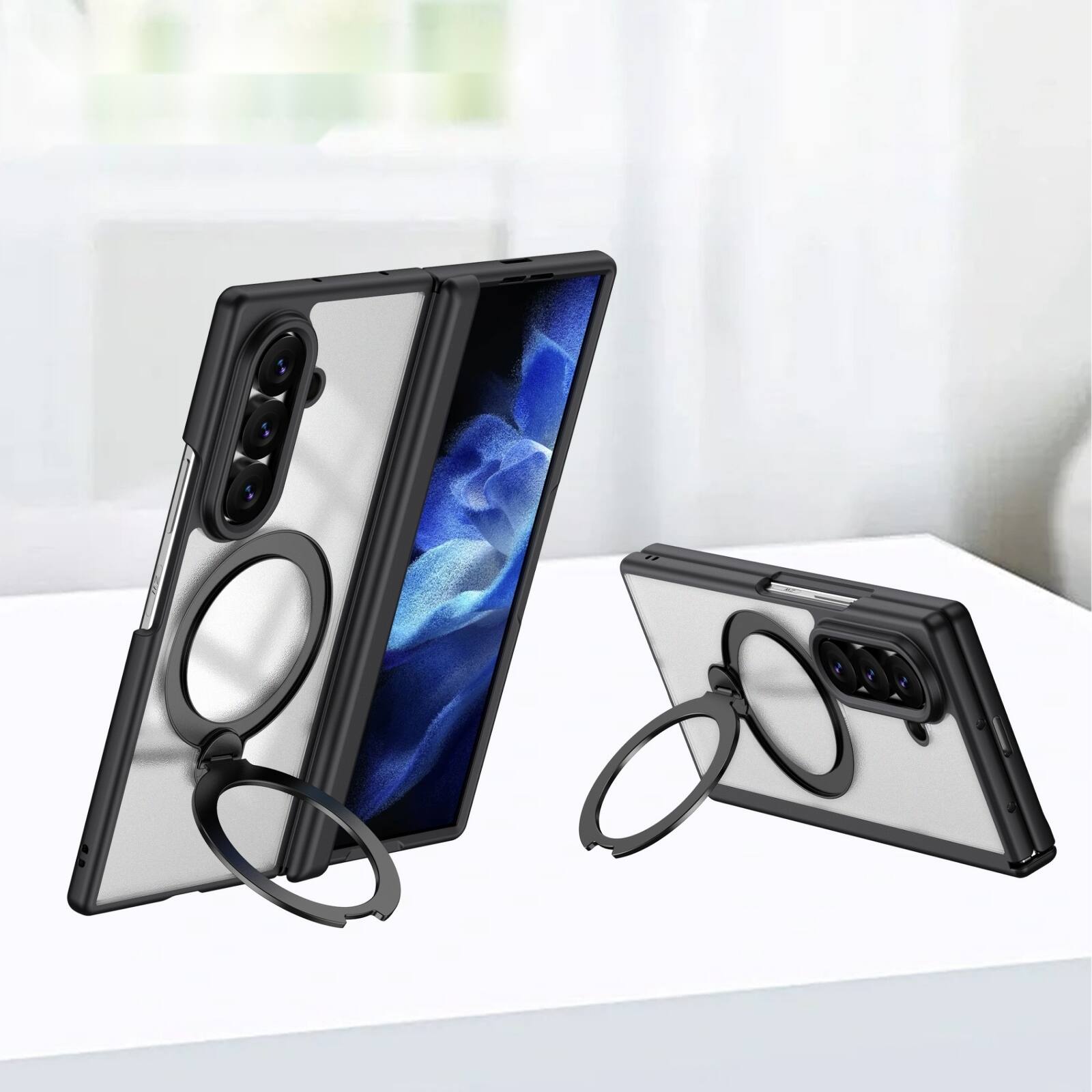 Angle. Dteck - For Samsung Galaxy Z Fold8 Ultra Magnetic Case Built-in Screen Protector,Shockproof Ring Stand Clear Back Hinge Cover - Black.