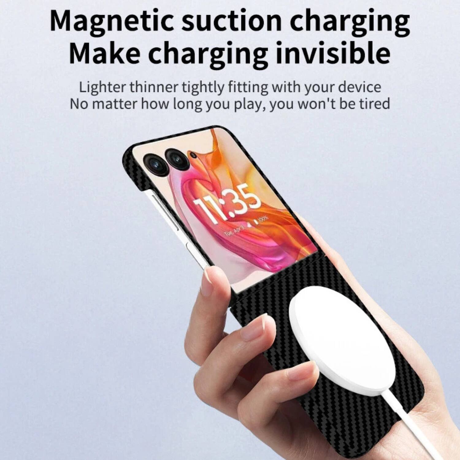 Magnetic suction charging  
Make charging invisible  

Lighter, thinner, tightly fitting with your device  
No matter how long you play, you won't be tired  

11:35  
100%  
Tue 3