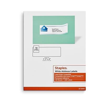 Staples.
White Address Labels
Essential Compatible with Avery 5162 - 0162
Permanent Adhesive
100 Sheets, 1,400 Labels
ST18059