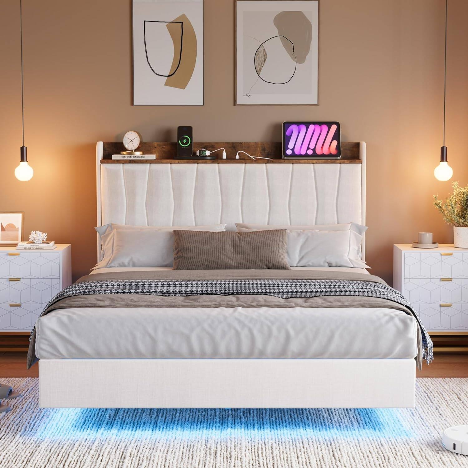 Left. Qeetex - Queen Floating Platform Bed Frame with LED Lights, USB Ports & Upholstered Headboard, Wood Slats, No Box Spring - White.