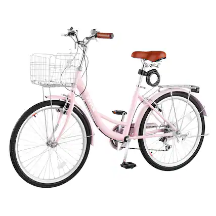Front. VEVOR - Women Bike, 24 in Beach Cruiser Bike, 7-Speed Adult City Bicycle with Carbon Steel Frame, 330 lbs Capacity, Basket - Pink.