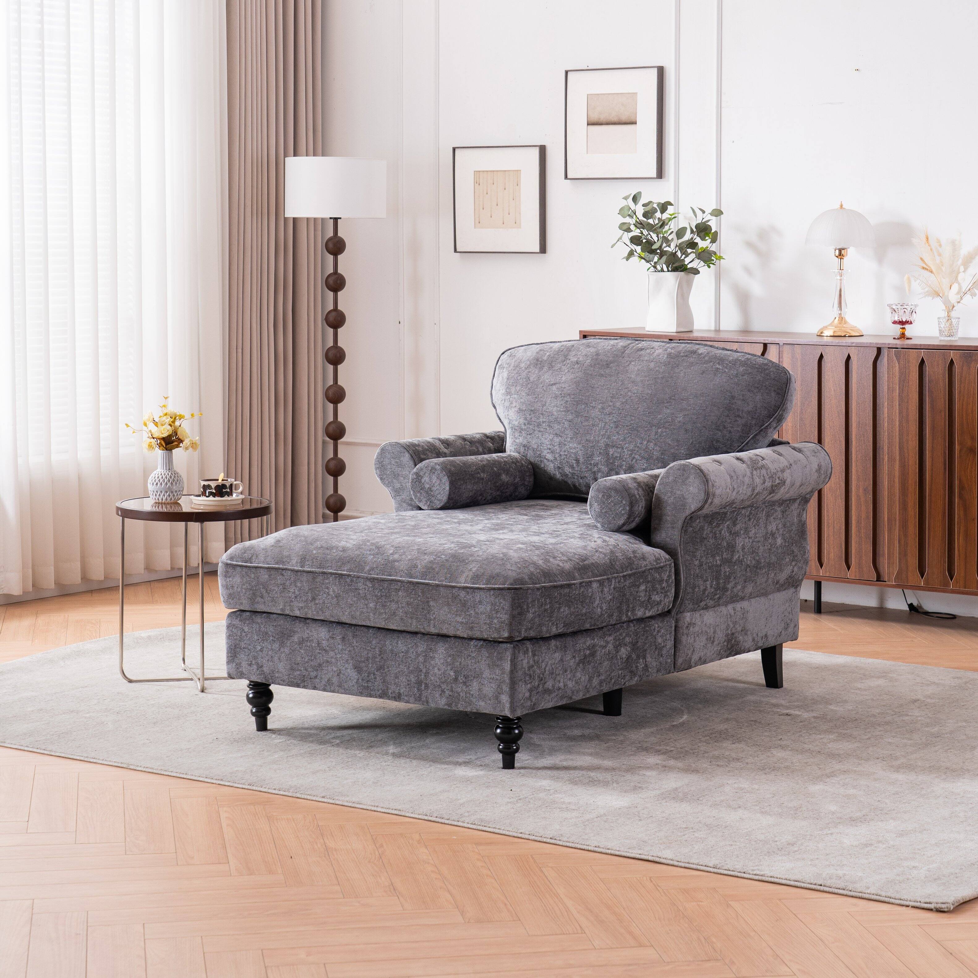 Alt View 2. Trinkets Crazed - Oversized Chaise Lounge Indoor,Chenille Single Sofa Bed with Wide Seat Upholstered Reclining Sleeper Armchair - dark gray.