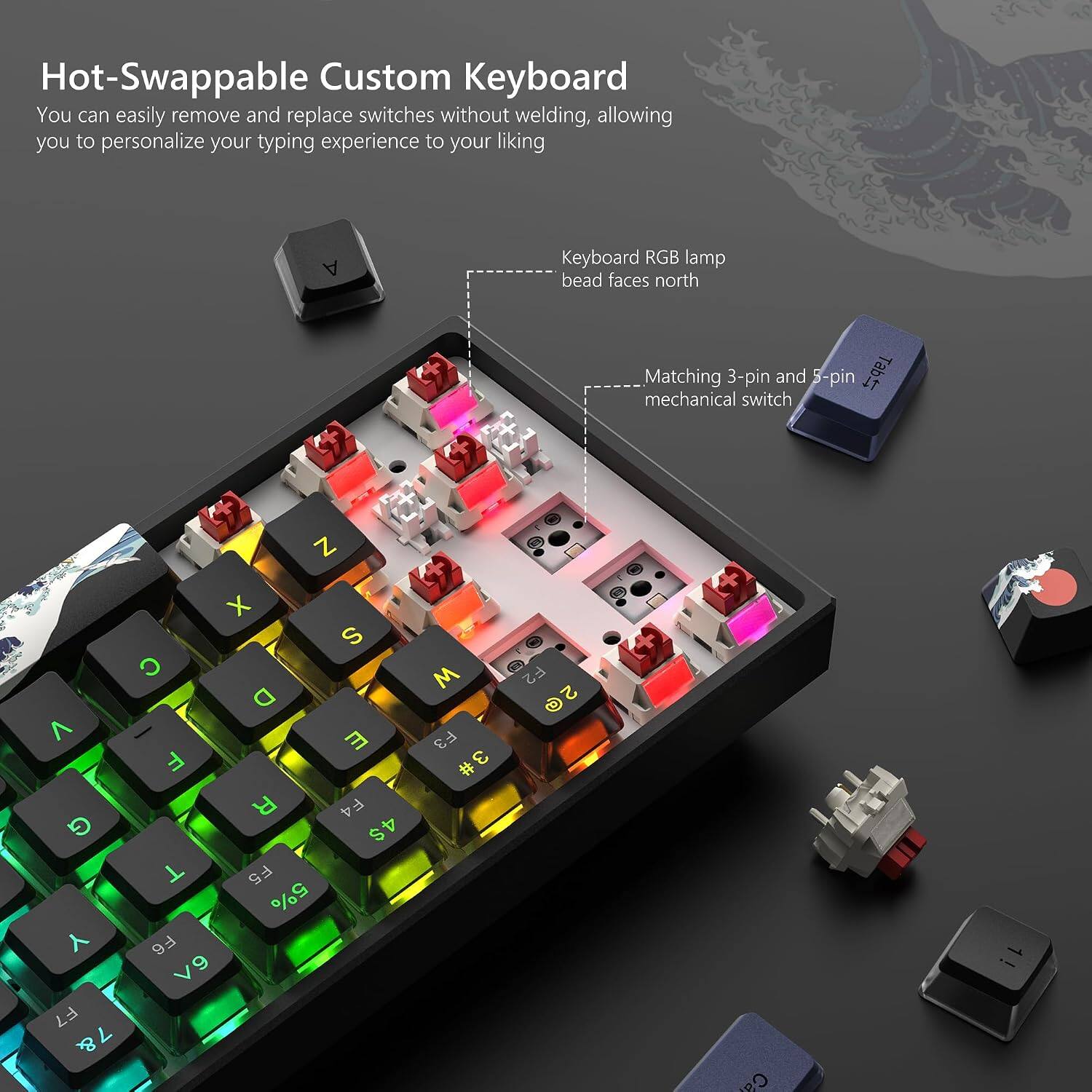 Hot-Swappable Custom Keyboard  
You can easily remove and replace switches without welding, allowing you to personalize your typing experience to your liking  
Keyboard RGB lamp bead faces north  
Matching 3-pin and 5-pin mechanical switch