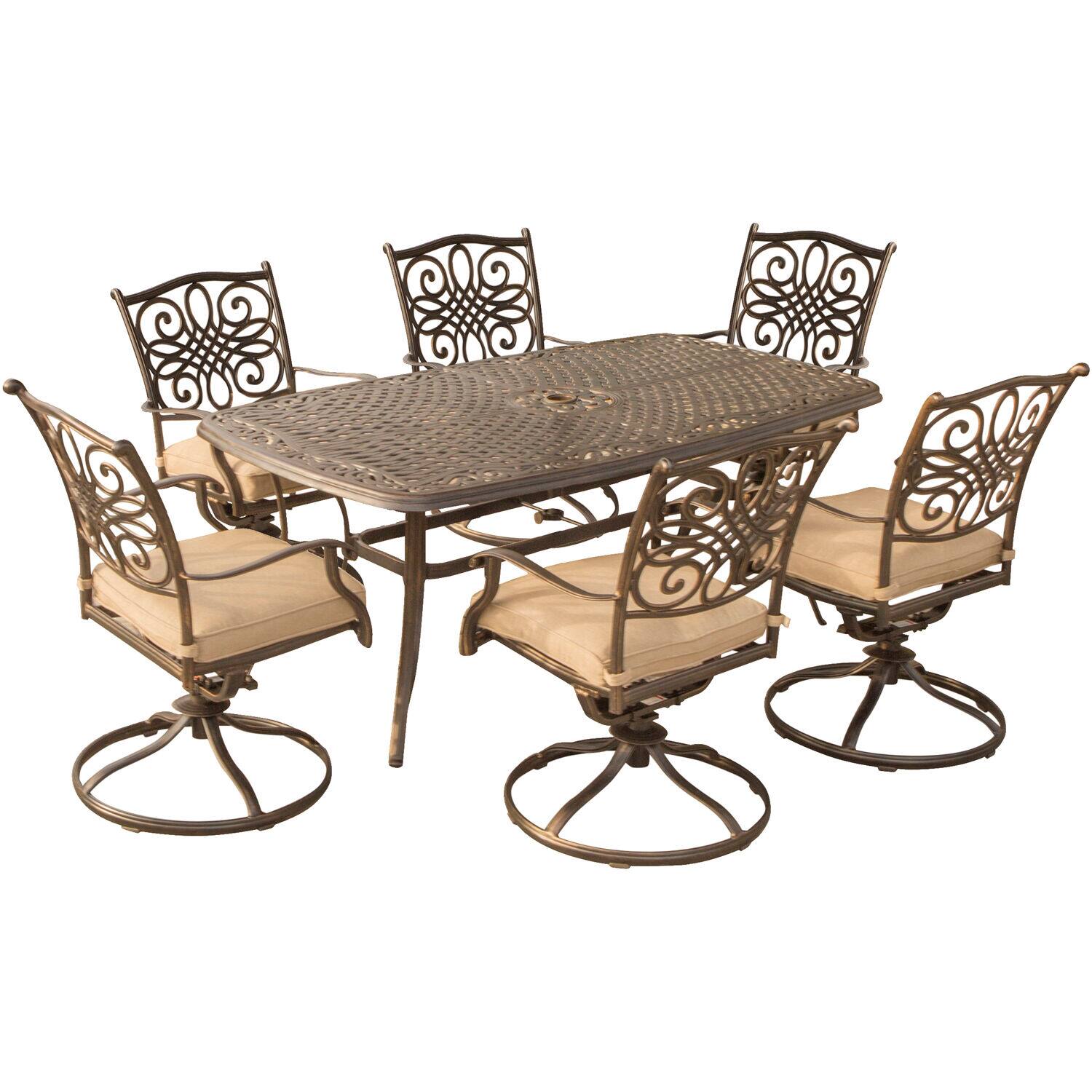 Front. Hanover - Traditions 7-Piece Dining Set with Six Swivel Dining Chairs and a Large 72 x 38 in. Dining Table - Aluminum/Tan.