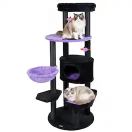 Gymax - Gothic Cat Tree for Indoor Cats 60'' Cat Tower w/Plush Perch Condo Hammock Black - Purple