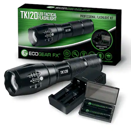 ECOGEAR TK120 LED TACTICAL FLASHLIGHT PROFESSIONAL FLASHLIGHT KIT - SOO VN 5 OUT TK120 G ECOGEAR FX SUPER BRIGHT BATTERIES & CHARGER INCLUDED DS WATER RESISTANT 500 1000 2010 20 250 x X X1 x ZOOM @5M OUT IN TK120 ARAM. - ECOGEAR 20581 FX Rechargeable