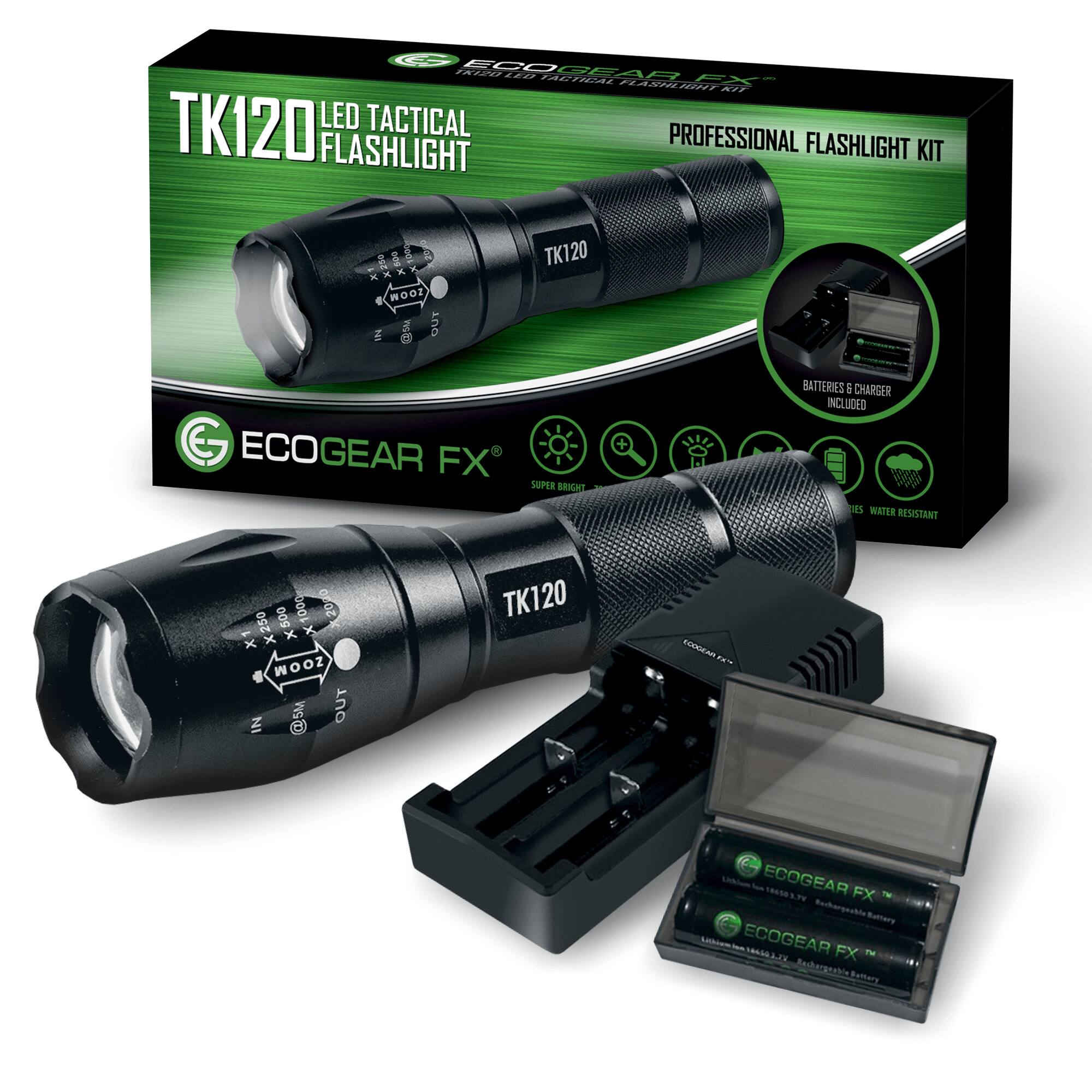 ECOGEAR TK120 LED TACTICAL FLASHLIGHT PROFESSIONAL FLASHLIGHT KIT - SOO VN 5 OUT TK120 G ECOGEAR FX SUPER BRIGHT BATTERIES & CHARGER INCLUDED DS WATER RESISTANT 500 1000 2010 20 250 x X X1 x ZOOM @5M OUT IN TK120 ARAM. - ECOGEAR 20581 FX Rechargeable