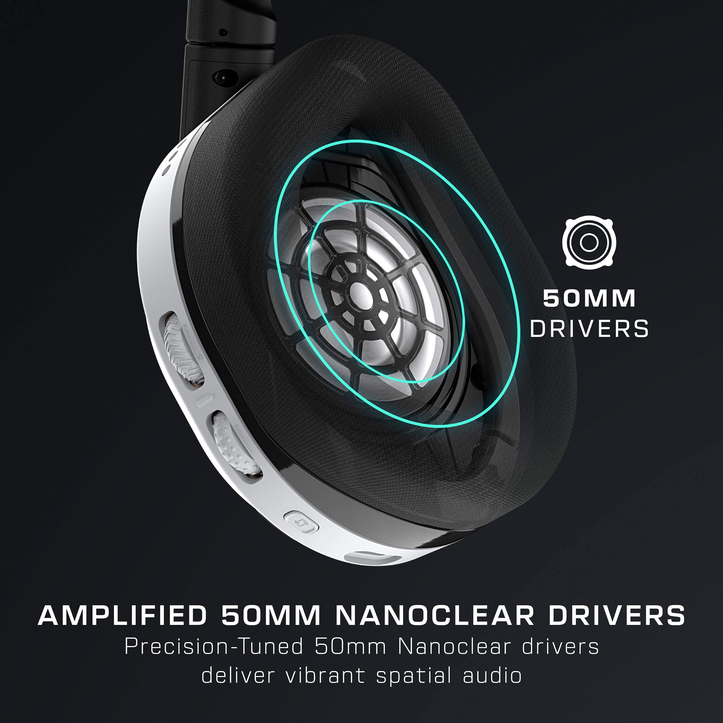 The text on the image reads: "50MM DRIVERS AMPLIFIED 50MM NANOCLEAR DRIVERS Precision-Tuned 50mm Nanoclear drivers deliver vibrant spatial audio."