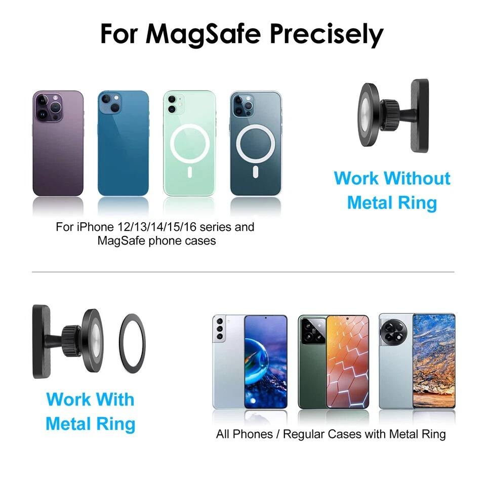For MagSafe Precisely

For iPhone 12/13/14/15/16 series and MagSafe phone cases

Work Without Metal Ring

Work With Metal Ring

All Phones / Regular Cases with Metal Ring