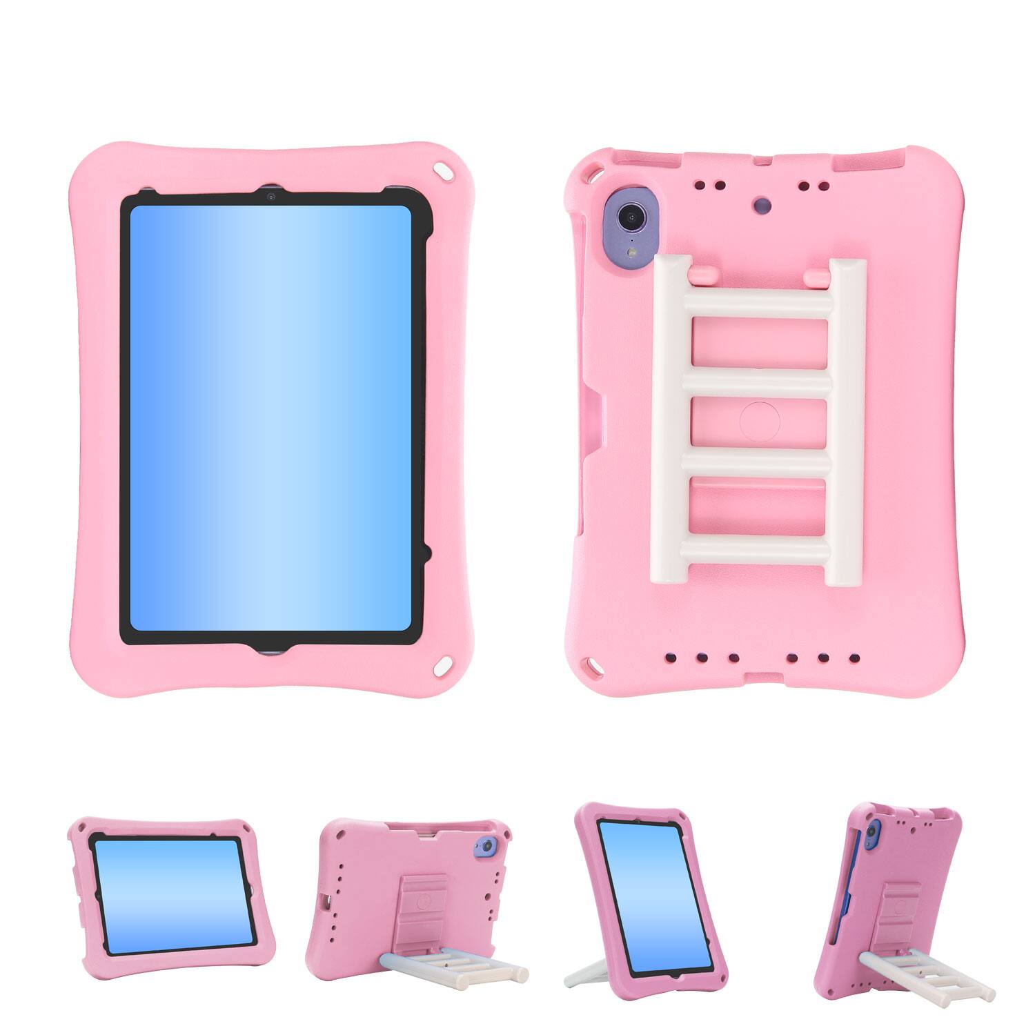 The image shows a pink tablet case with a built-in stand. The case has cutouts for the camera, buttons, and ports. The stand can be used to prop up the tablet in different positions.