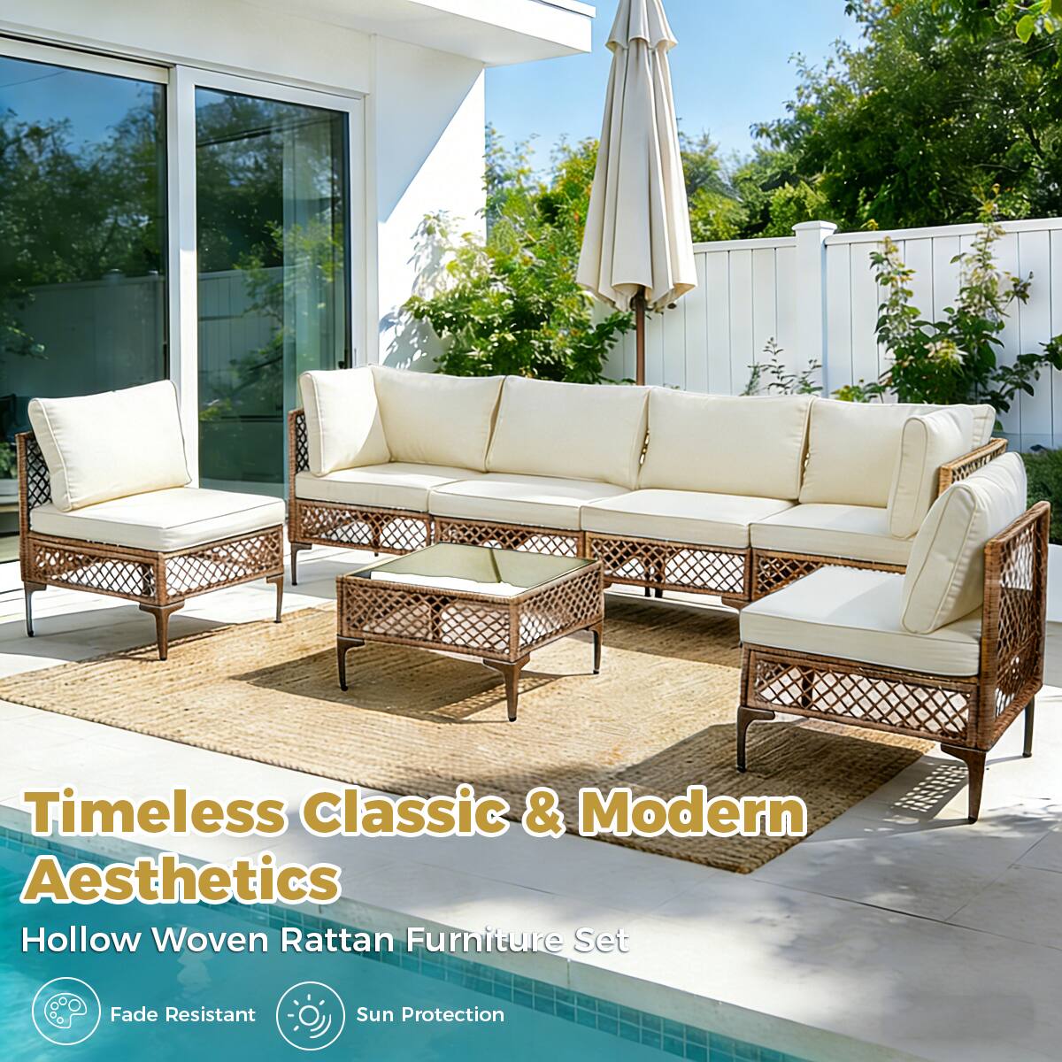 Timeless Classic & Modern Aesthetics  
Hollow Woven Rattan Furniture Set  
Fade Resistant  
Sun Protection