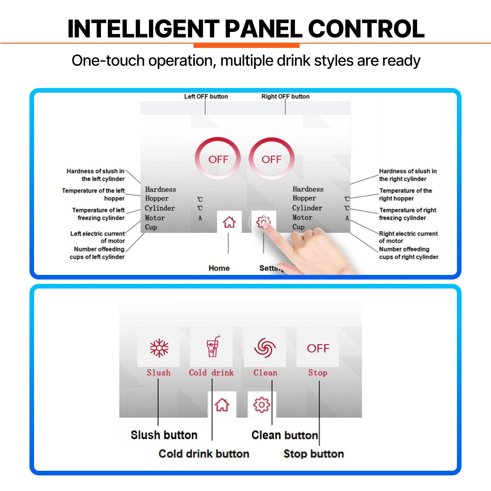INTELLIGENT PANEL CONTROL  
One-touch operation, multiple drink styles are ready

Left OFF button  
Right OFF button

Hardness of slush in the left cylinder  
Temperature of the left hopper  
Temperature of left freezing cylinder  
Left electric current of motor  
Number of feeding cups of left cylinder

Hardness Hopper Cylinder Motor Cup  
OFF C c A Home

OFF Hardness Hopper Cylinder Motor Cup Setting

Hardness of slush in the right cylinder  
Temperature of the right hopper  
Temperature of right freezing cylinder  
Right electric current of motor  
Number of feeding cups of right cylinder

OFF

Slush  
Cold drink  
Clean  
Stop

Slush button  
Cold drink button  
Clean button  
Stop button