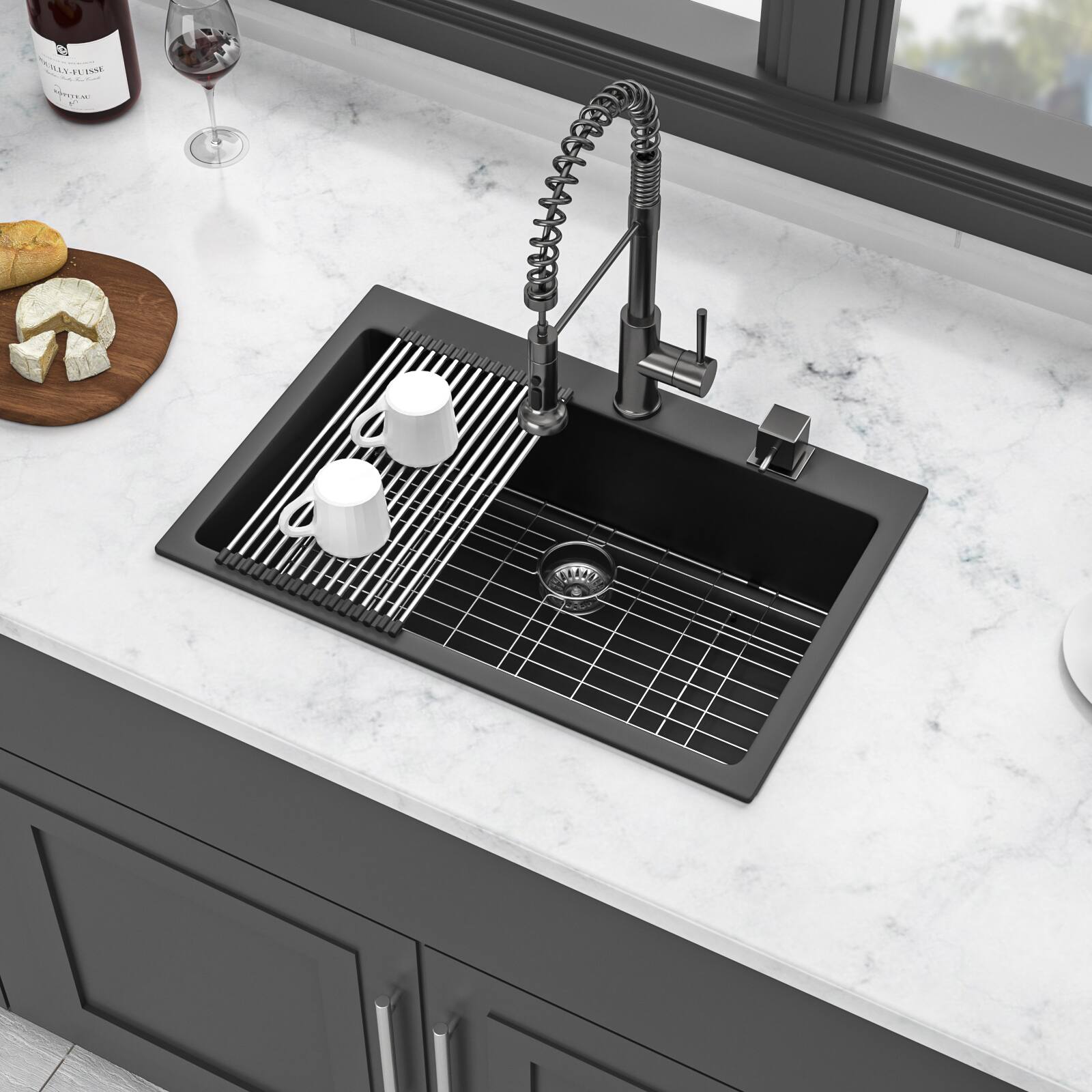 Left. Siljoy - Quartz Kitchen Sink - 33" x 22" x 9.65" Black granite composite Drop in kitchen sink - Black.