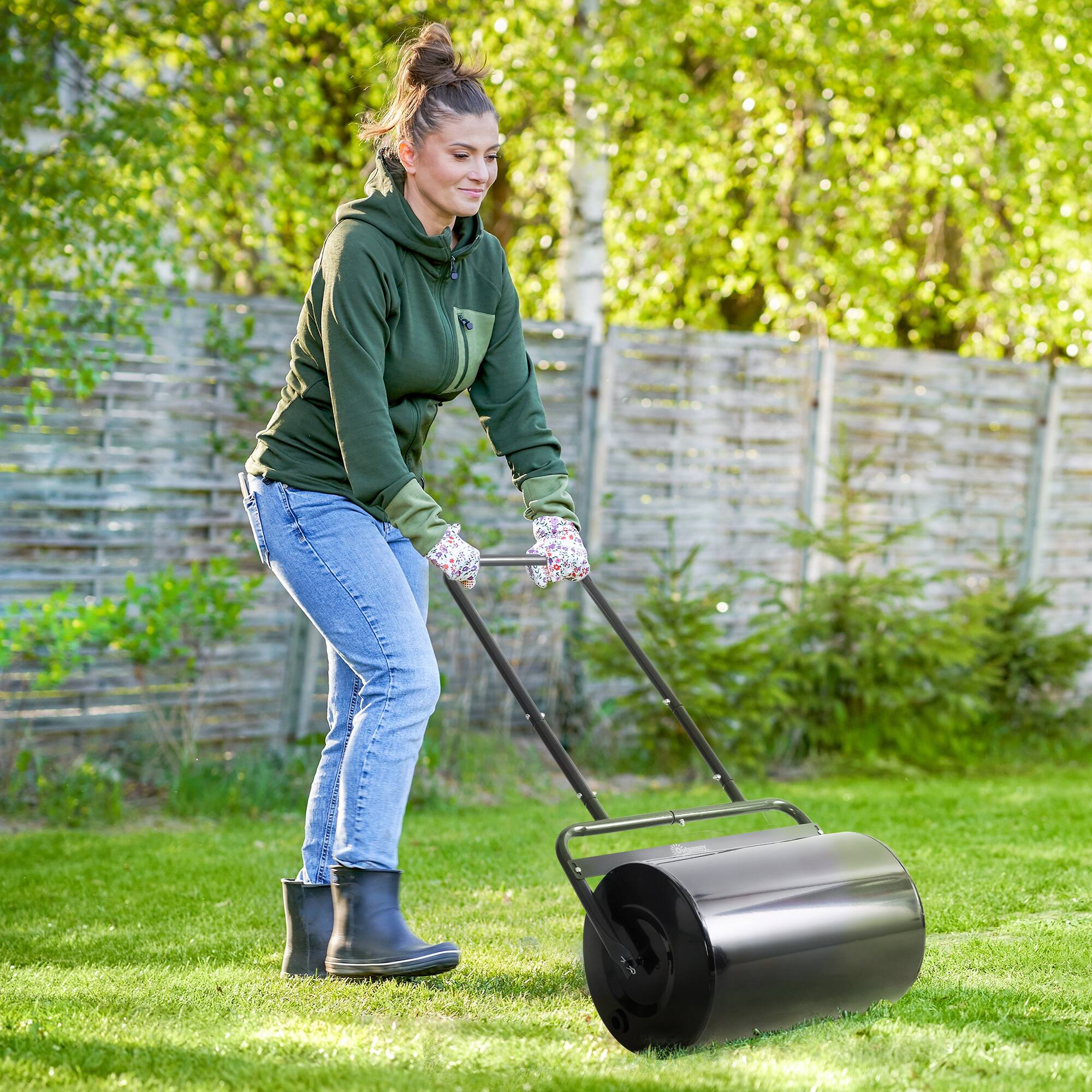 Alt View 1. Outsunny - 20-Inch Push/Tow Behind Lawn Roller Filled with 10 Gal Water or Sand, Yard Roller for Flattening Sod in the Garden - Black.