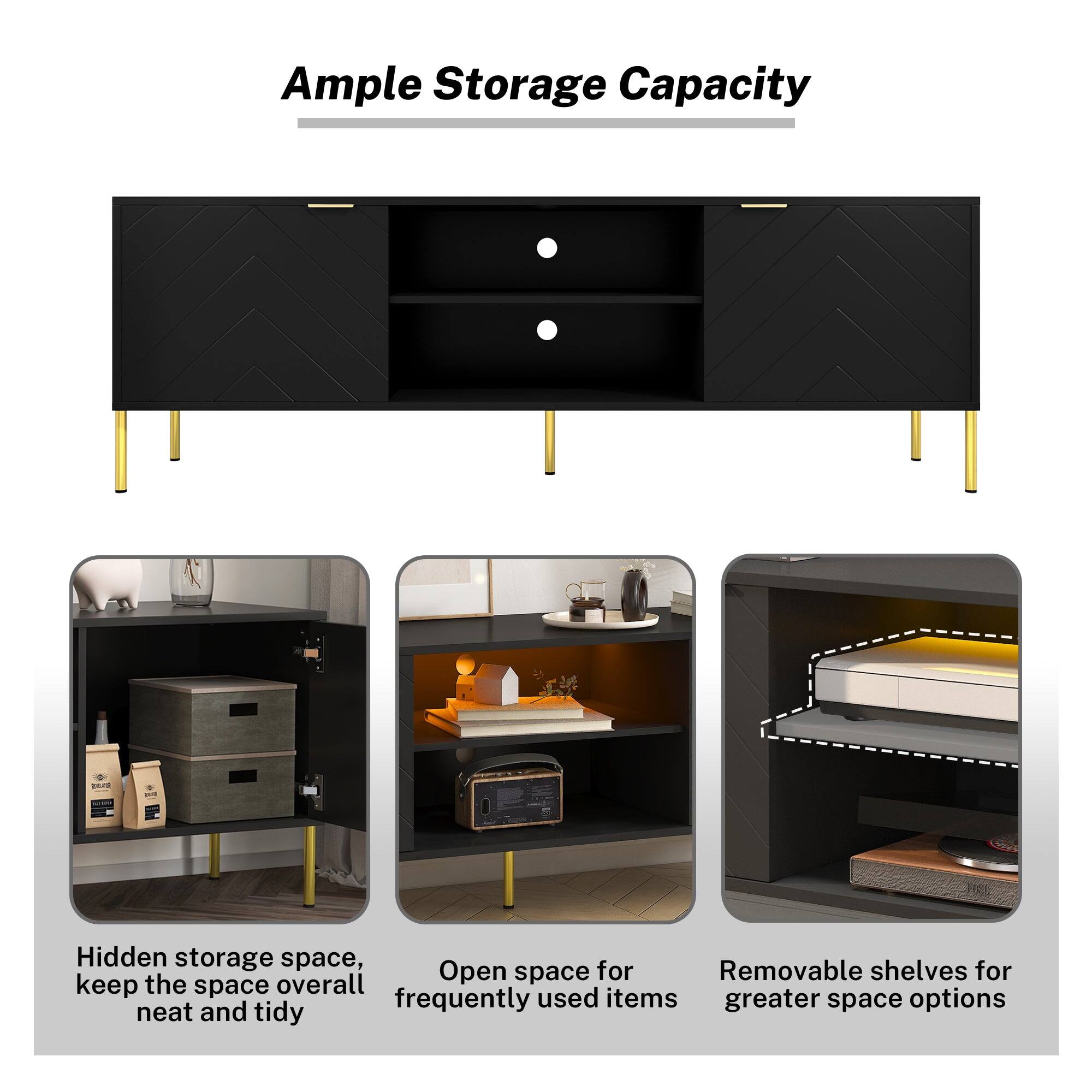 Ample Storage Capacity

- Hidden storage space, keep the space overall neat and tidy
- Open space for frequently used items
- Removable shelves for greater space options