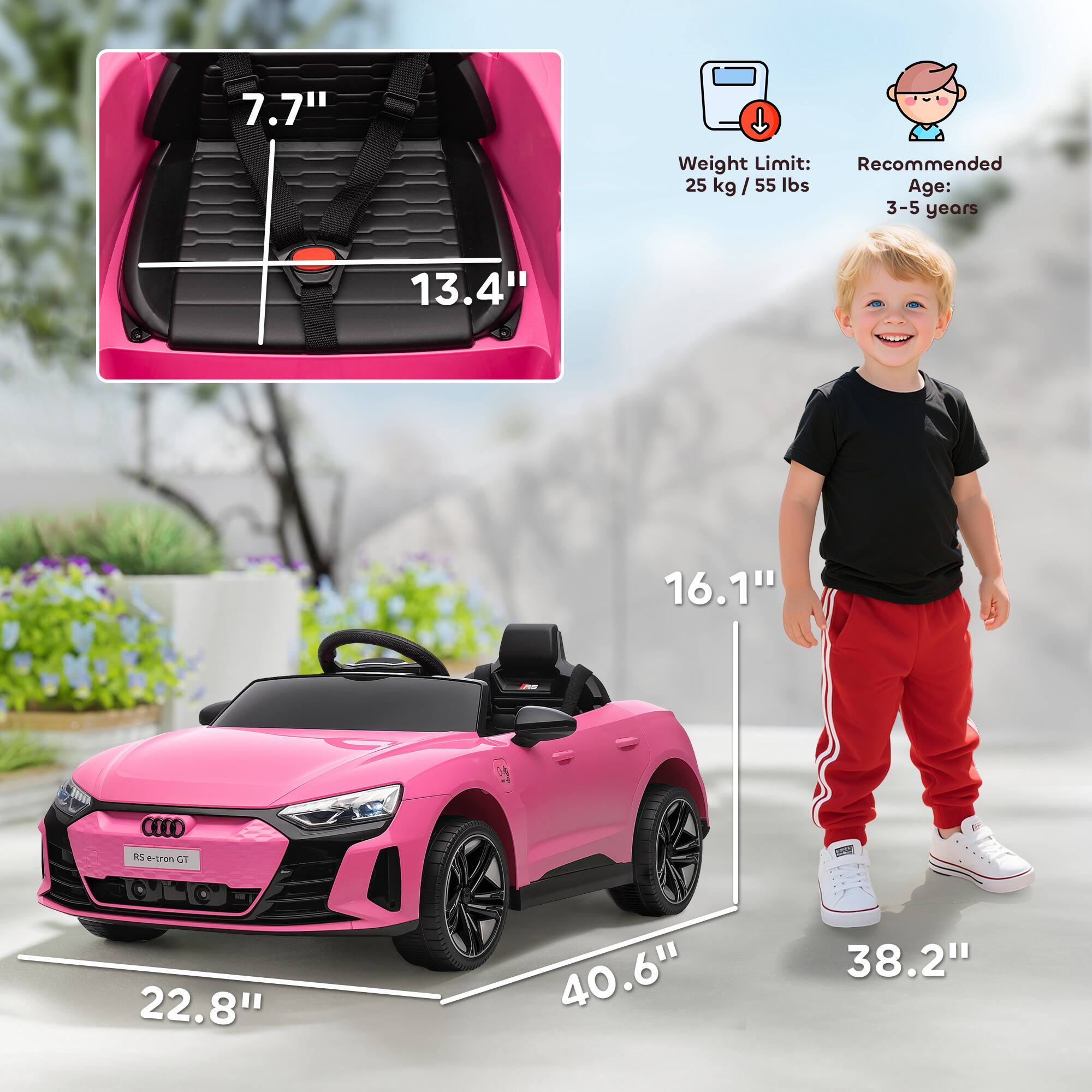 - Weight Limit: 25 kg / 55 lbs
- Recommended Age: 3-5 years
- Seat Dimensions: 7.7" x 13.4"
- Car Dimensions: 22.8" x 40.6" x 16.1"
- Child Height: 38.2"