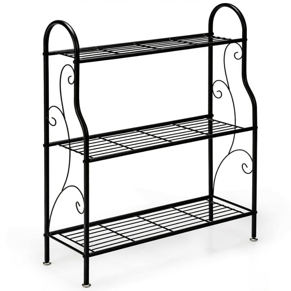 Angle. Kadyn - Raised Planter Stand, Large Space Flower Rack Shelf,3-Tier Scrollwork Designed Metal Plant Stand-Black.