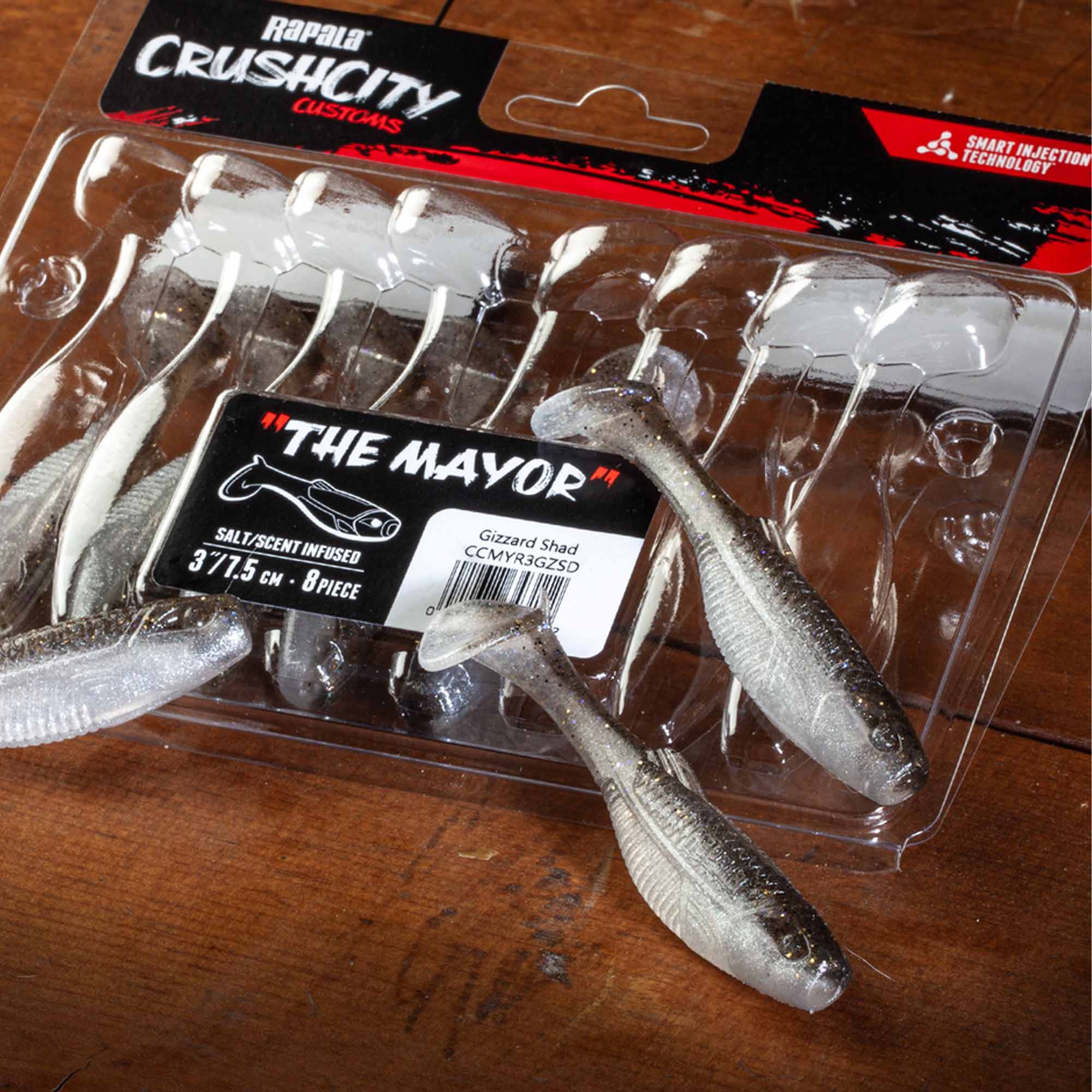 Rapala CRUSHCITY CUSTOMS  
SMART INJECTION TECHNOLOGY  
"THE MAYOR"  
SALT/SCENT INFUSED  
Gizzard Shad  
3'7.5" CM - 8 PIECE