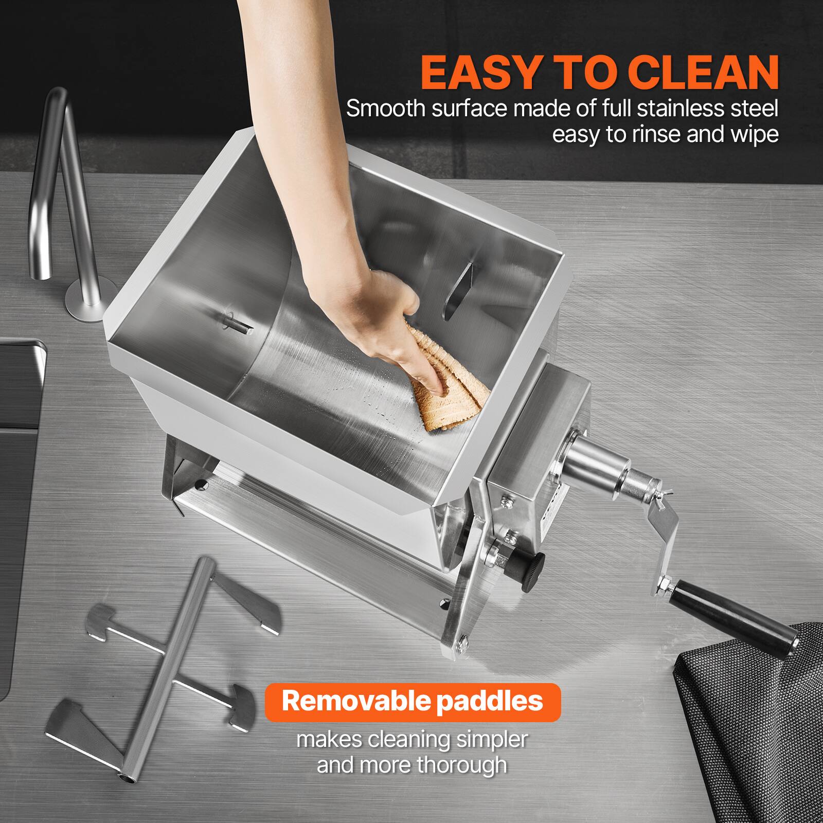 EASY TO CLEAN  
Smooth surface made of full stainless steel easy to rinse and wipe  

Removable paddles  
makes cleaning simpler and more thorough