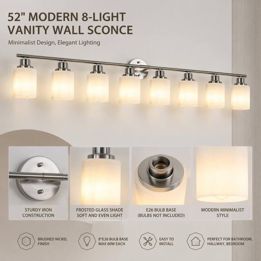 Forestud Light RYHNUYNE Brushed Nickel 8‑Light Bathroom Vanity Light, Modern Wall ...